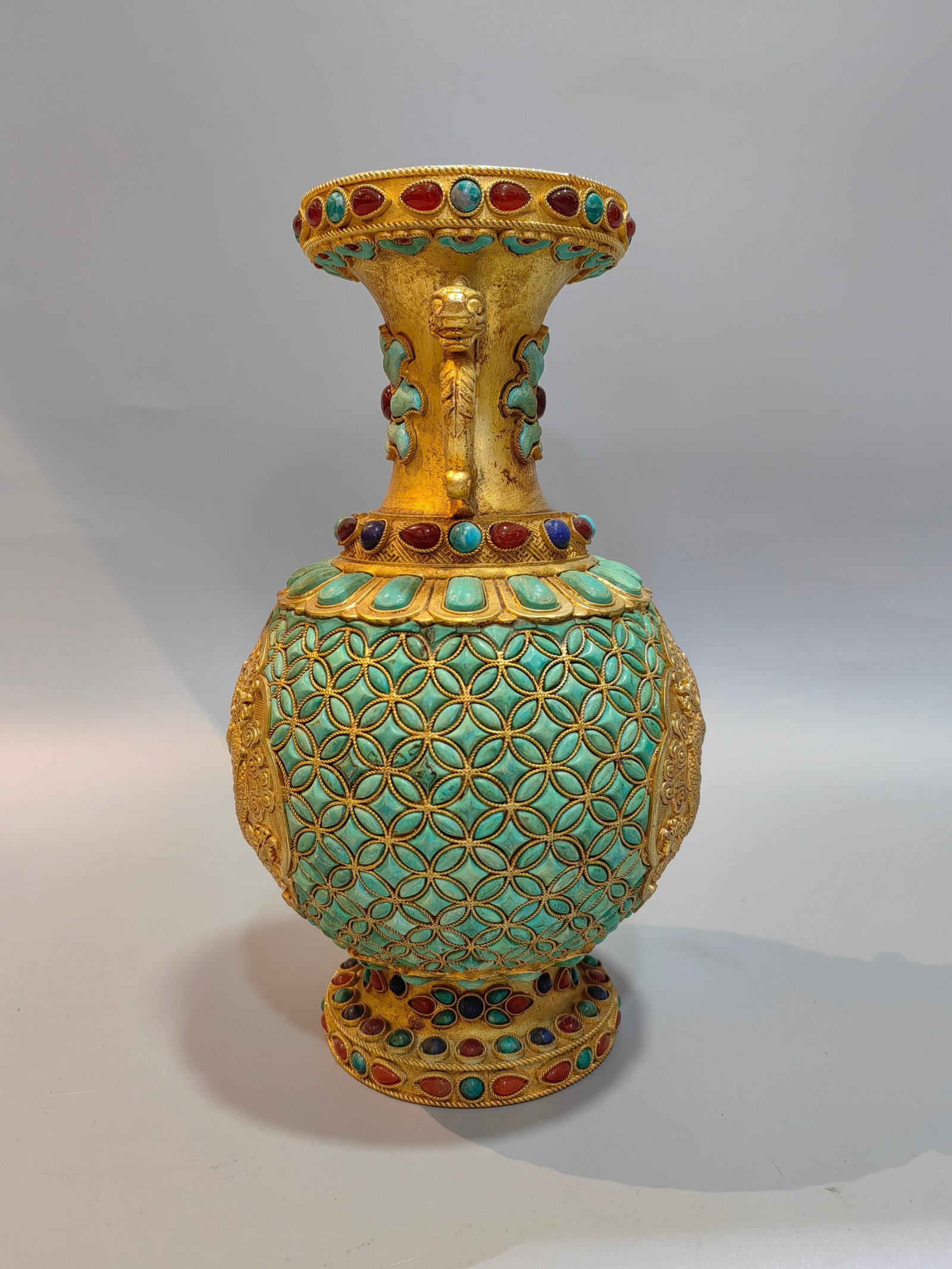 An Exquisite Gilt Bronze Auspicious Cloud and Dragon Pattern Dragon-Ears Vase,Inlaid Gems and Tur... - 2