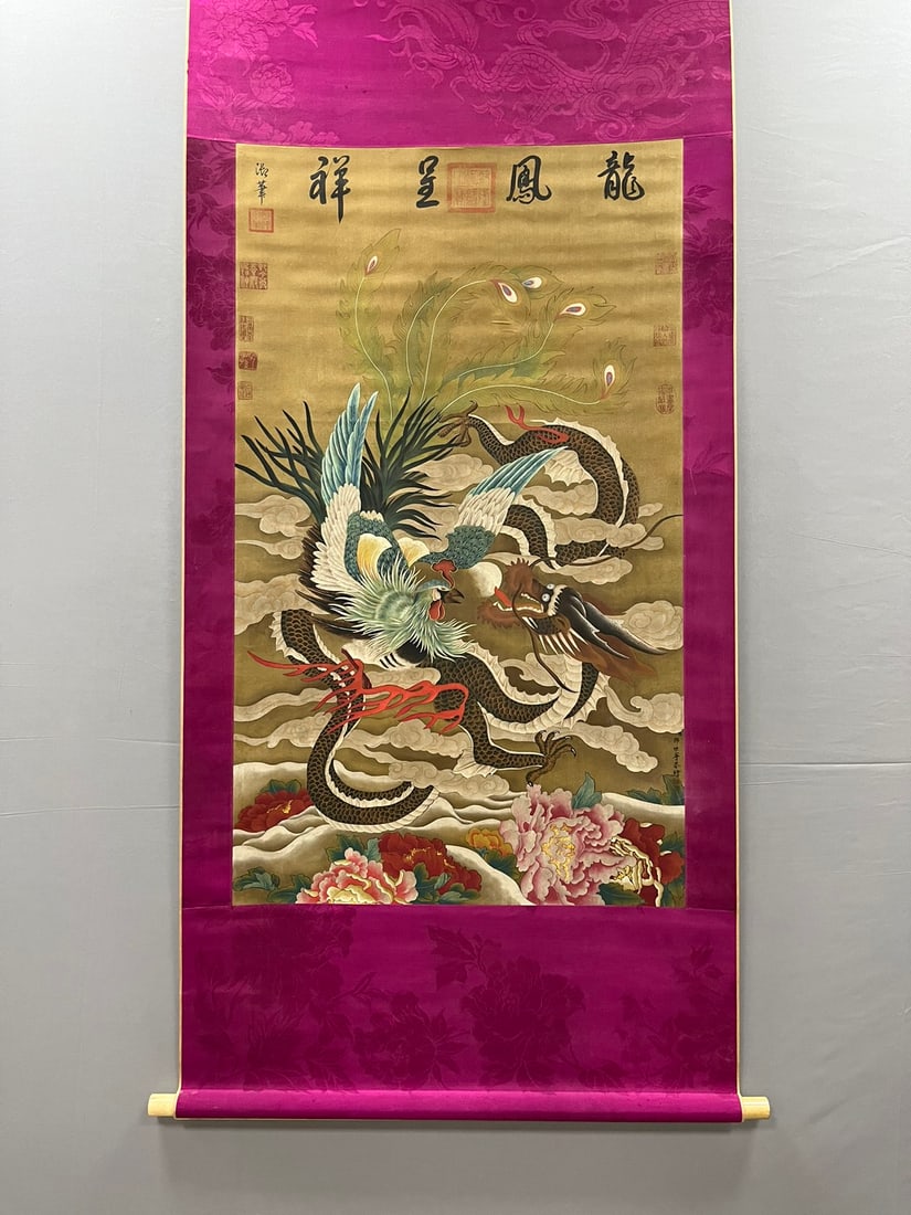 A Chinese Vertical Scroll Ink Painting of Dragon and Phoenix on Silk,Lang Shining: Estimated Value:3600-7200 A Chinese Vertical Scroll Ink Painting of Dragon and Phoenix on Silk,Lang Shining,Size:(Without frame)45.7inx27.2in
