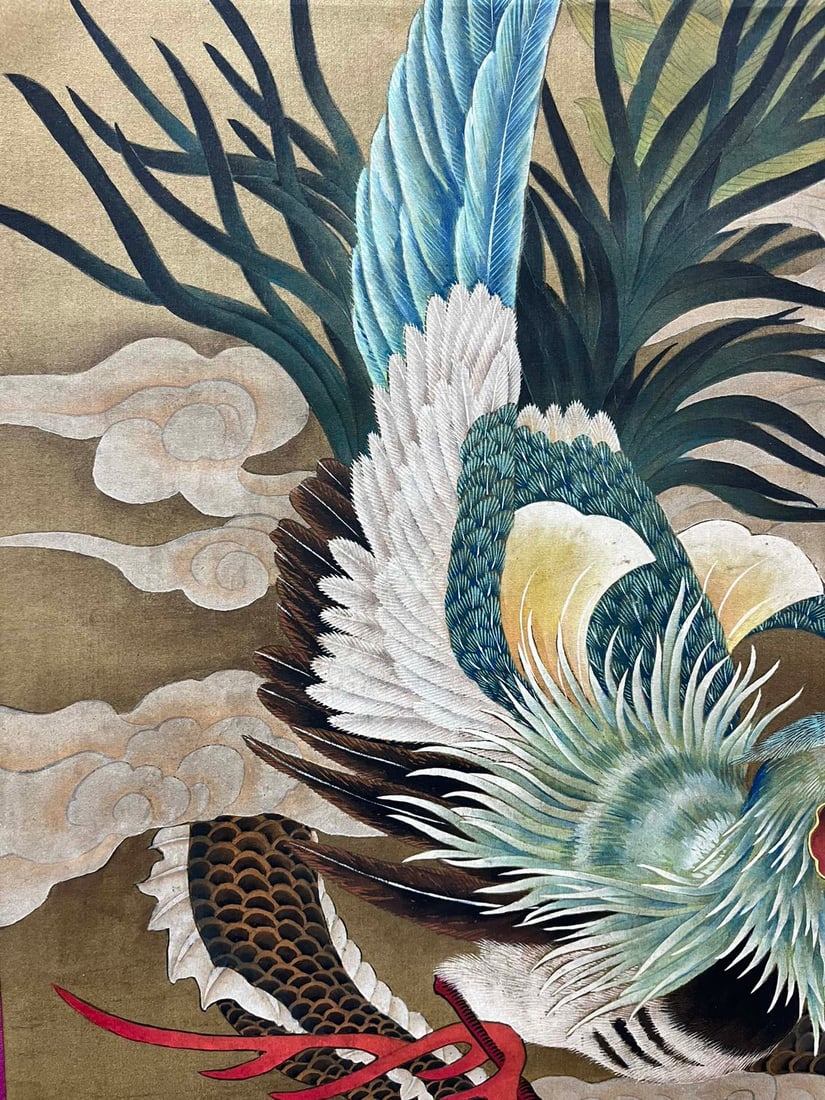 A Chinese Vertical Scroll Ink Painting of Dragon and Phoenix on Silk,Lang Shining - 5