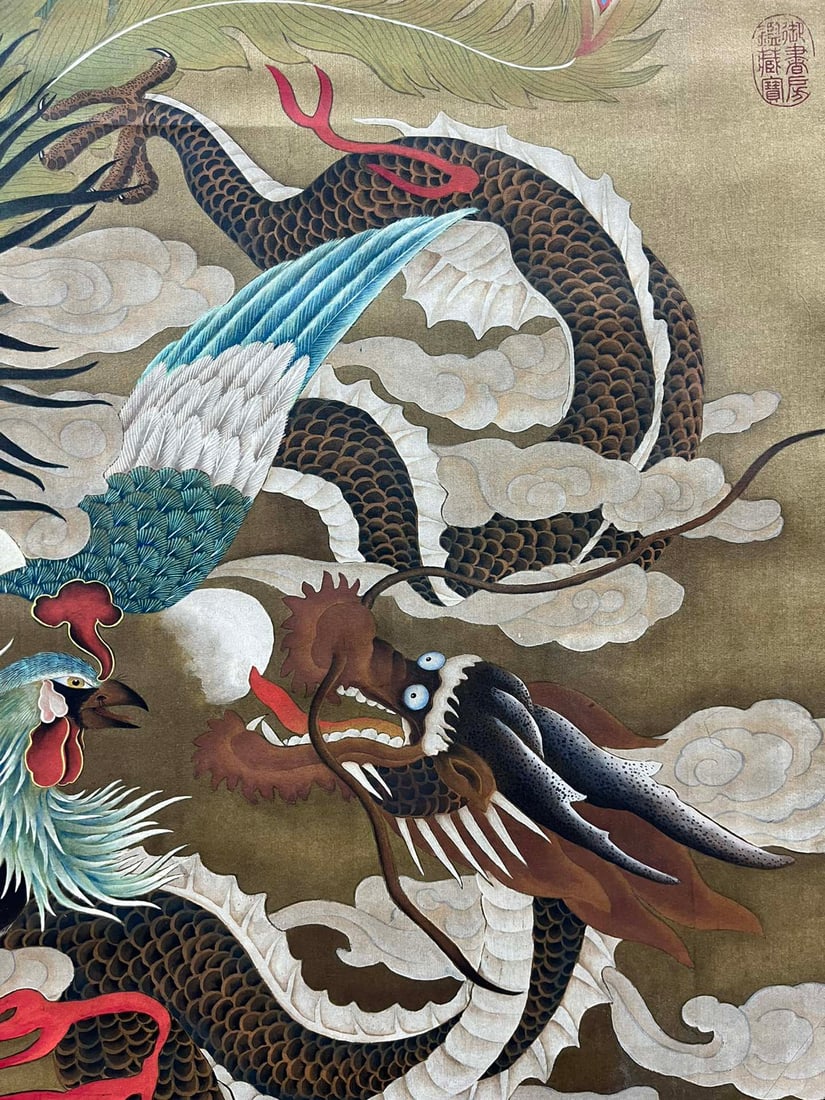 A Chinese Vertical Scroll Ink Painting of Dragon and Phoenix on Silk,Lang Shining - 6