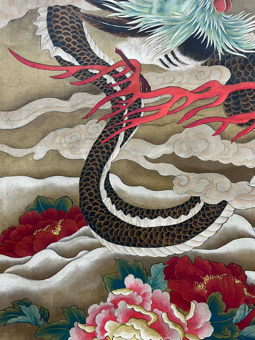A Chinese Vertical Scroll Ink Painting of Dragon and Phoenix on Silk,Lang Shining - 7