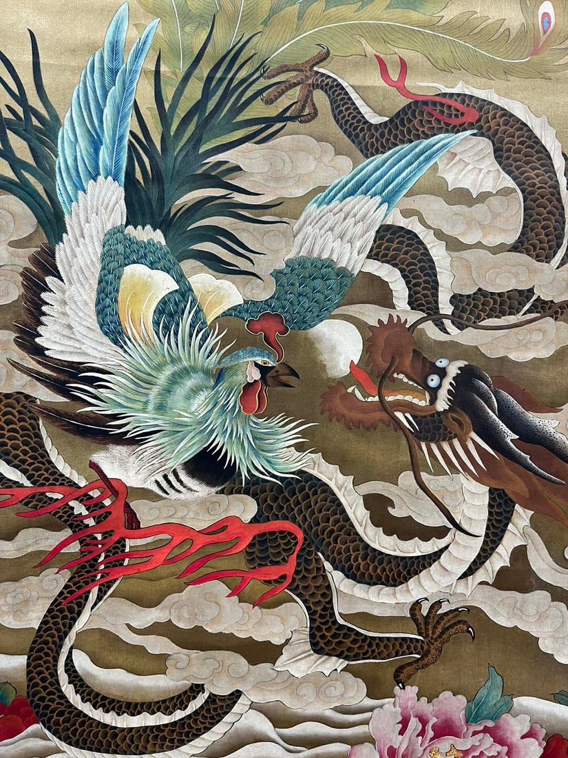 A Chinese Vertical Scroll Ink Painting of Dragon and Phoenix on Silk,Lang Shining - 9