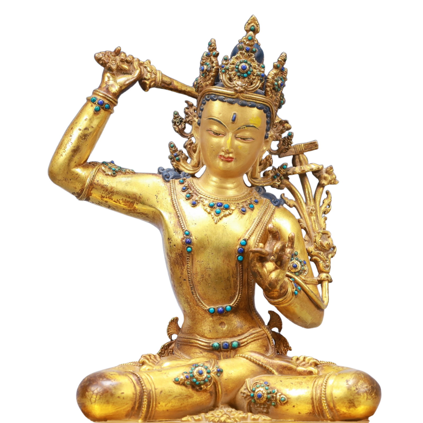 A Solemn Gilt Bronze Inlaid Gems Statue of Manjusri - 2