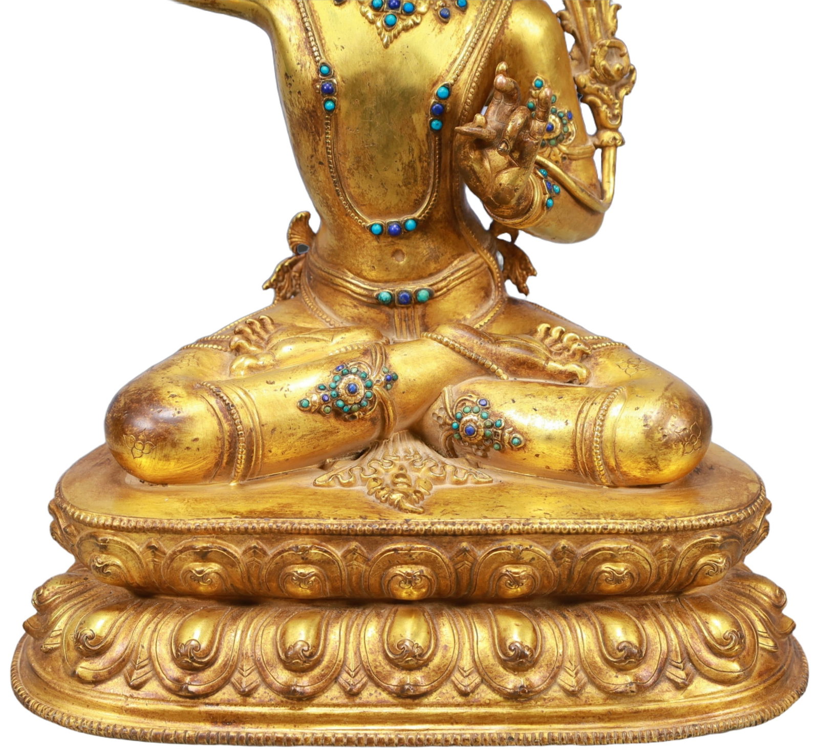 A Solemn Gilt Bronze Inlaid Gems Statue of Manjusri - 3