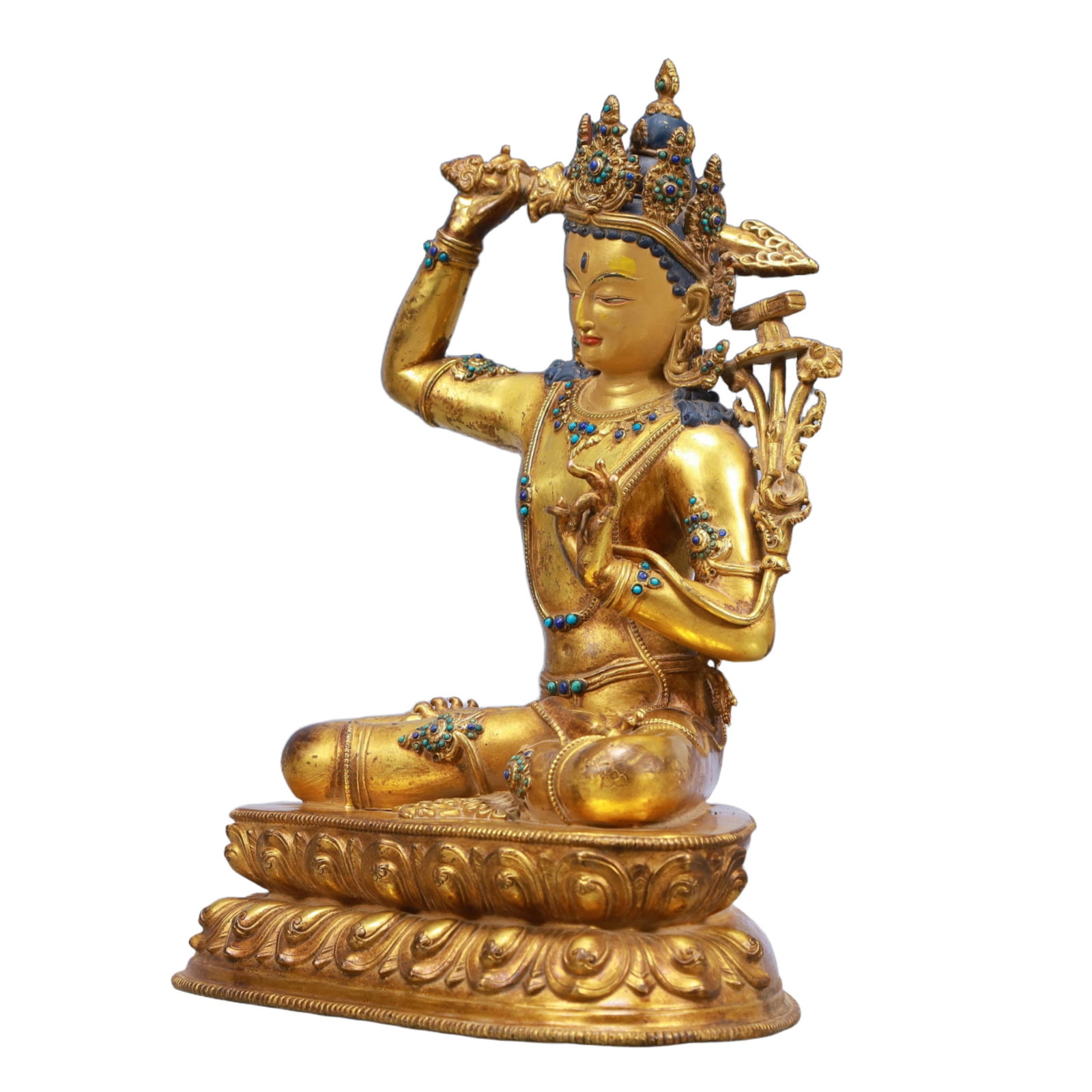 A Solemn Gilt Bronze Inlaid Gems Statue of Manjusri - 4