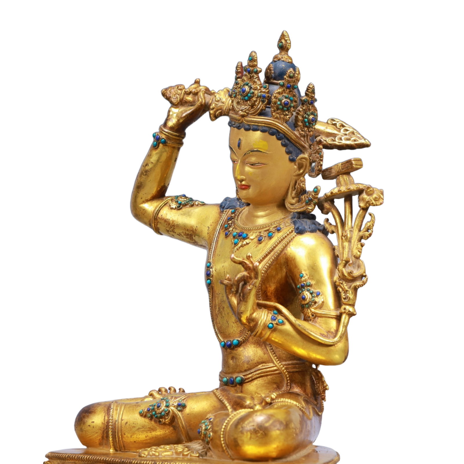A Solemn Gilt Bronze Inlaid Gems Statue of Manjusri - 5