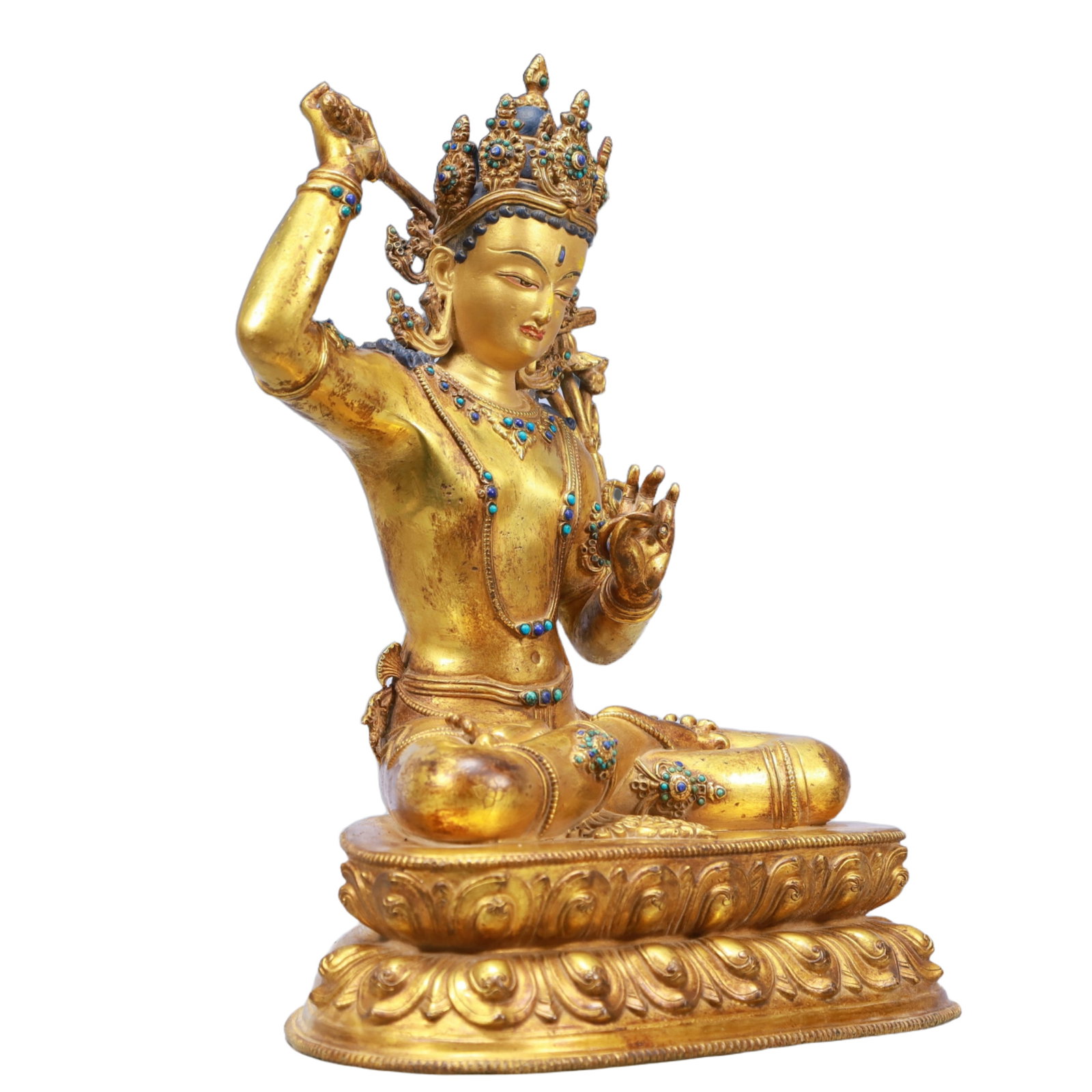 A Solemn Gilt Bronze Inlaid Gems Statue of Manjusri - 6