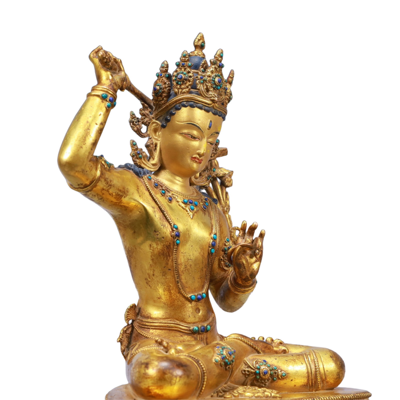 A Solemn Gilt Bronze Inlaid Gems Statue of Manjusri - 7