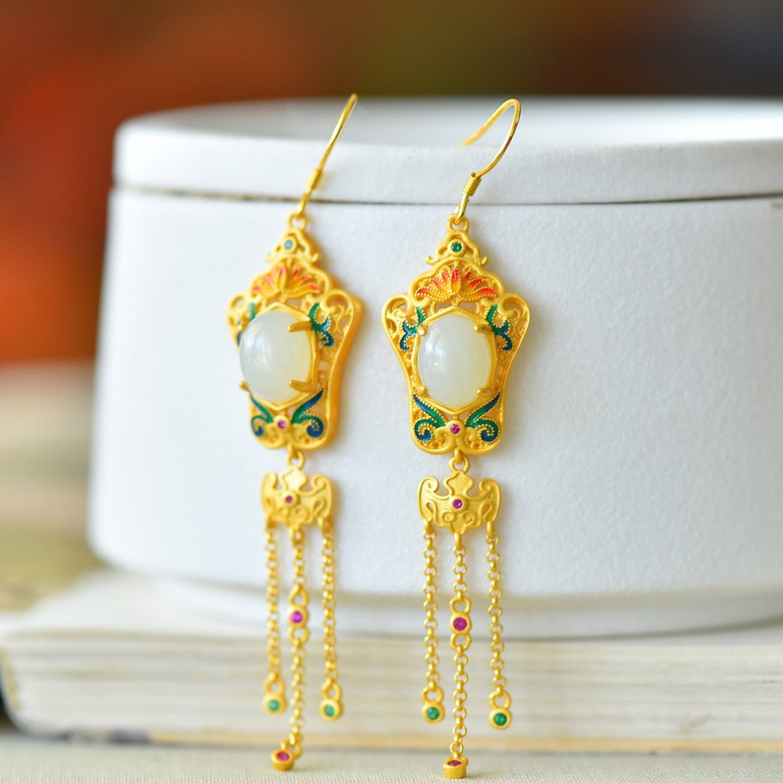 A Pair of Exquisite Sterling Silver-Gold Plated Inlaid White Jade Enamel Earrings - 2