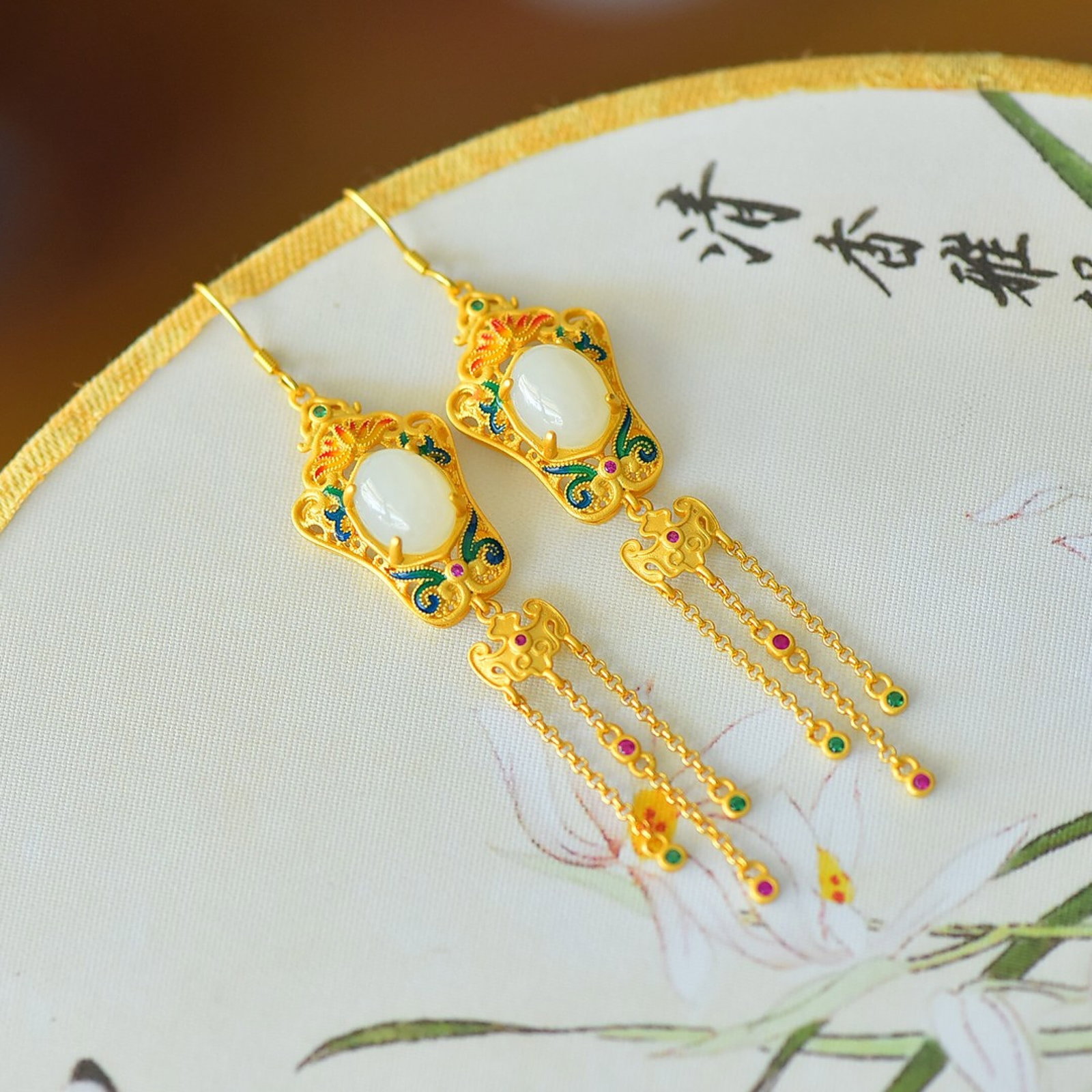 A Pair of Exquisite Sterling Silver-Gold Plated Inlaid White Jade Enamel Earrings - 3