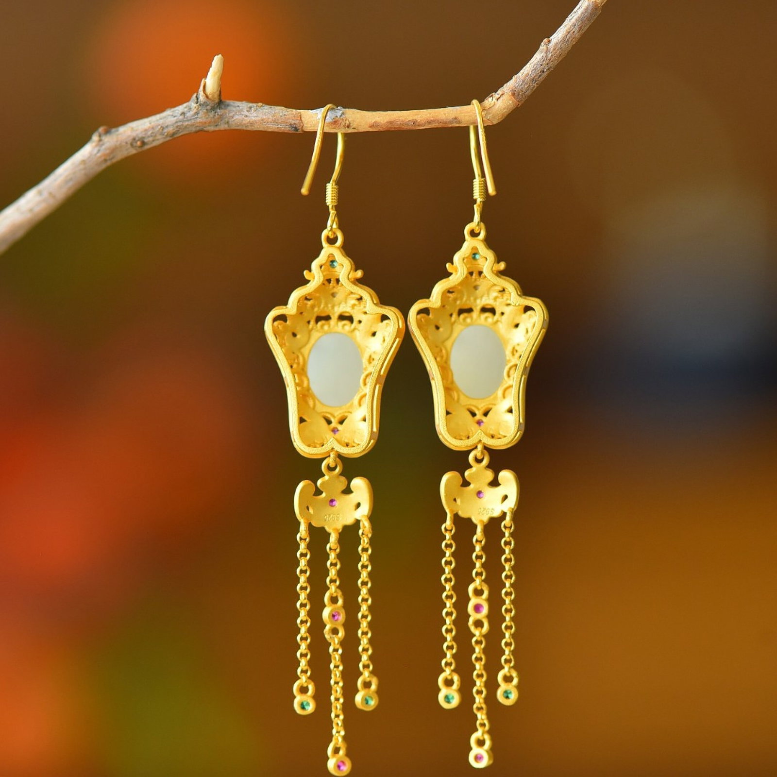 A Pair of Exquisite Sterling Silver-Gold Plated Inlaid White Jade Enamel Earrings - 5