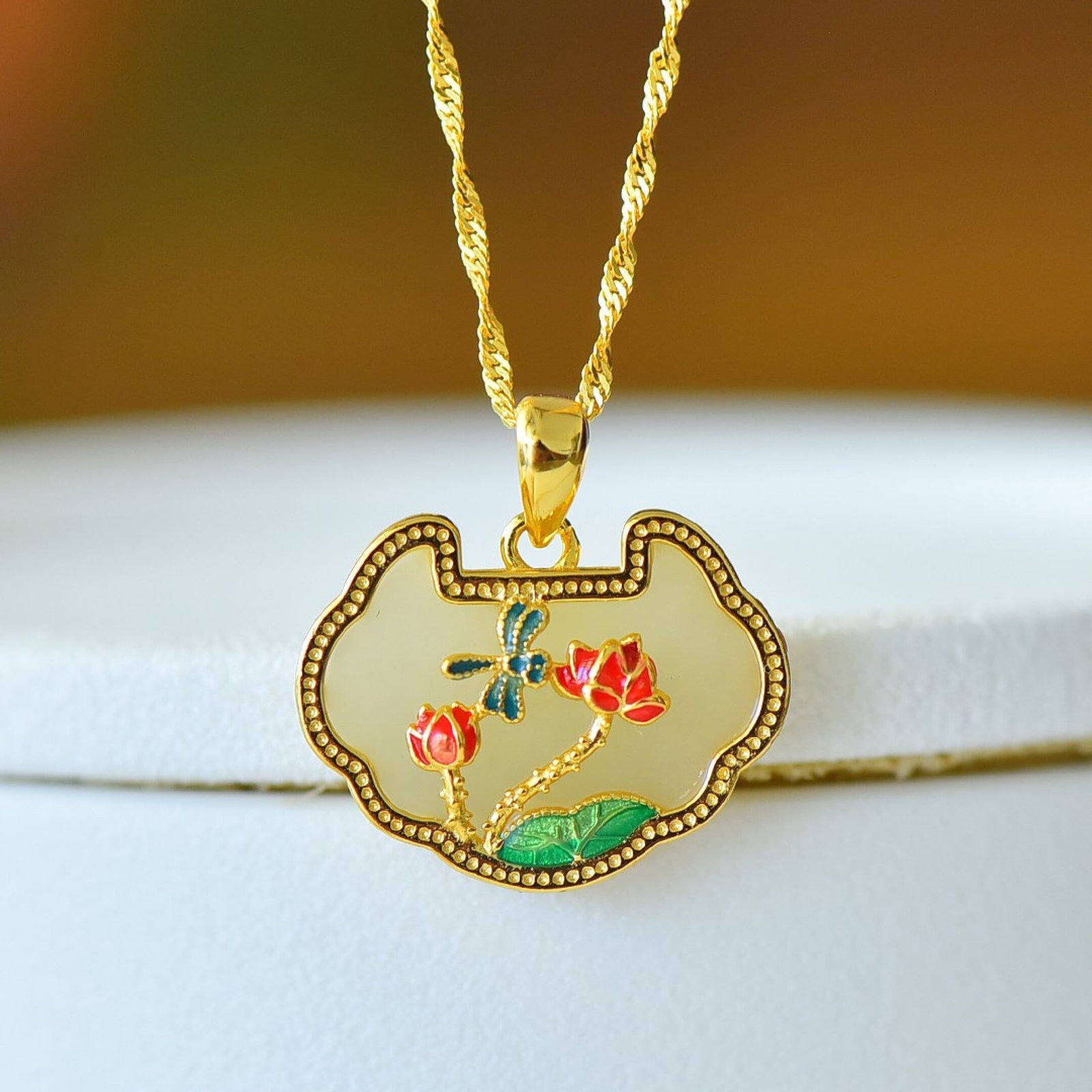 An Exquisite Sterling Silver-Gold Plated Inlaid White Jade Enamel Pendant - 2