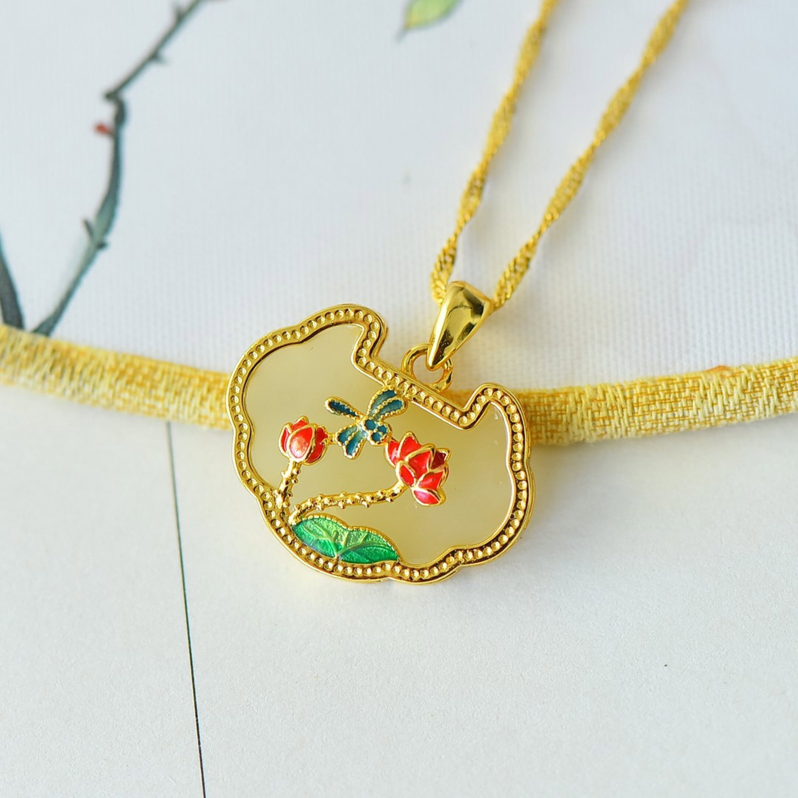 An Exquisite Sterling Silver-Gold Plated Inlaid White Jade Enamel Pendant - 3