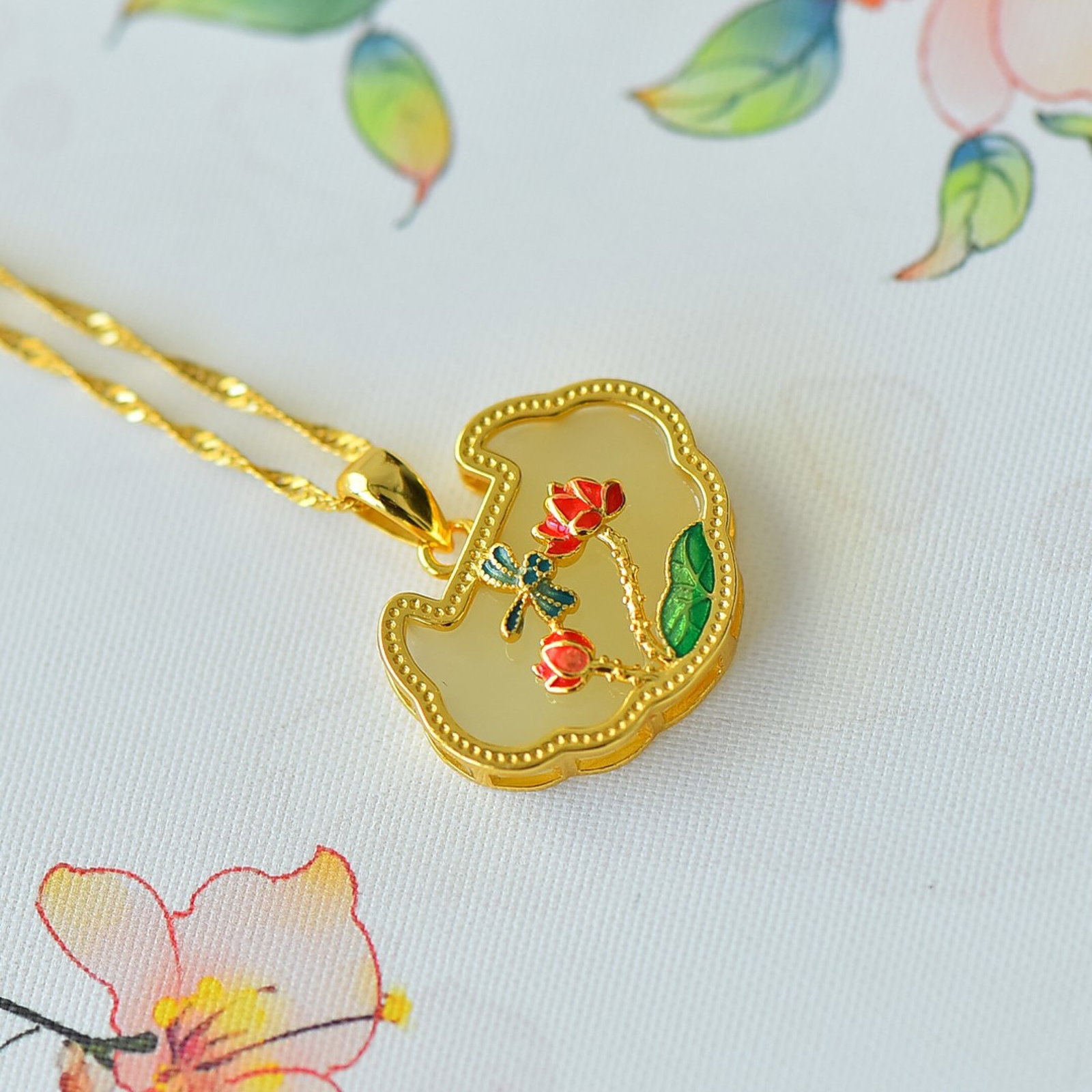 An Exquisite Sterling Silver-Gold Plated Inlaid White Jade Enamel Pendant - 4