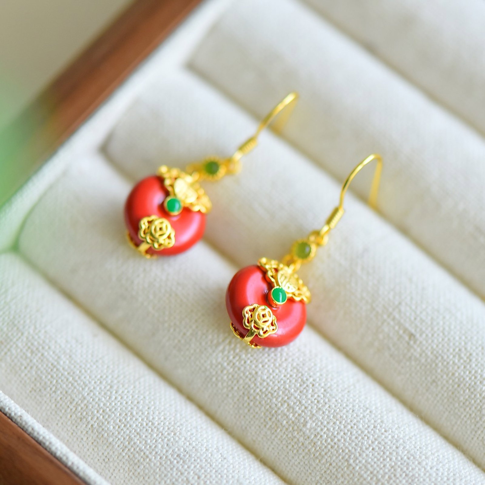 A Pair of Exquisite Sterling Silver-Gold Plated Inlaid Cinnabar Earrings - 2