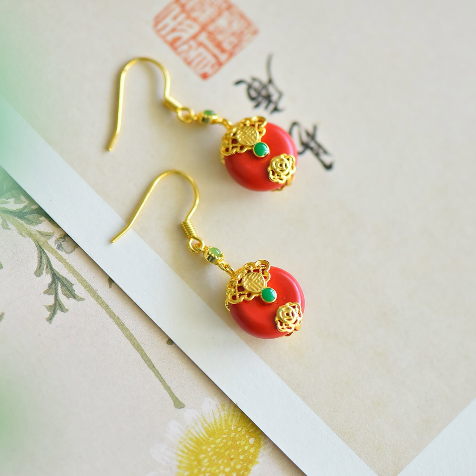A Pair of Exquisite Sterling Silver-Gold Plated Inlaid Cinnabar Earrings - 3