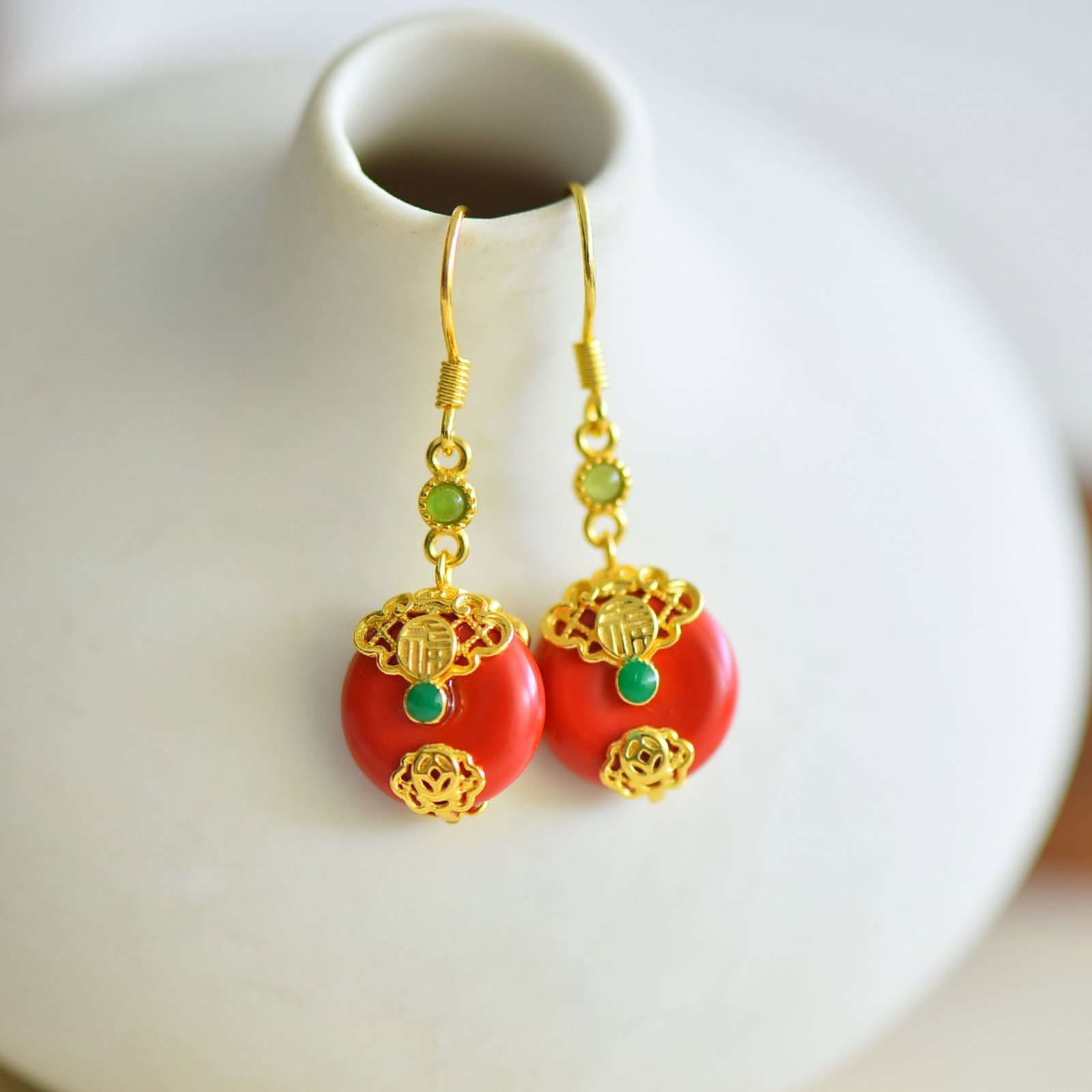 A Pair of Exquisite Sterling Silver-Gold Plated Inlaid Cinnabar Earrings - 4