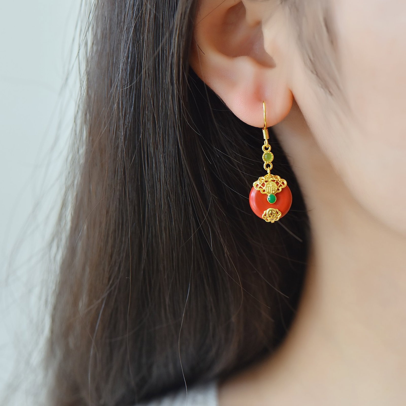 A Pair of Exquisite Sterling Silver-Gold Plated Inlaid Cinnabar Earrings - 6