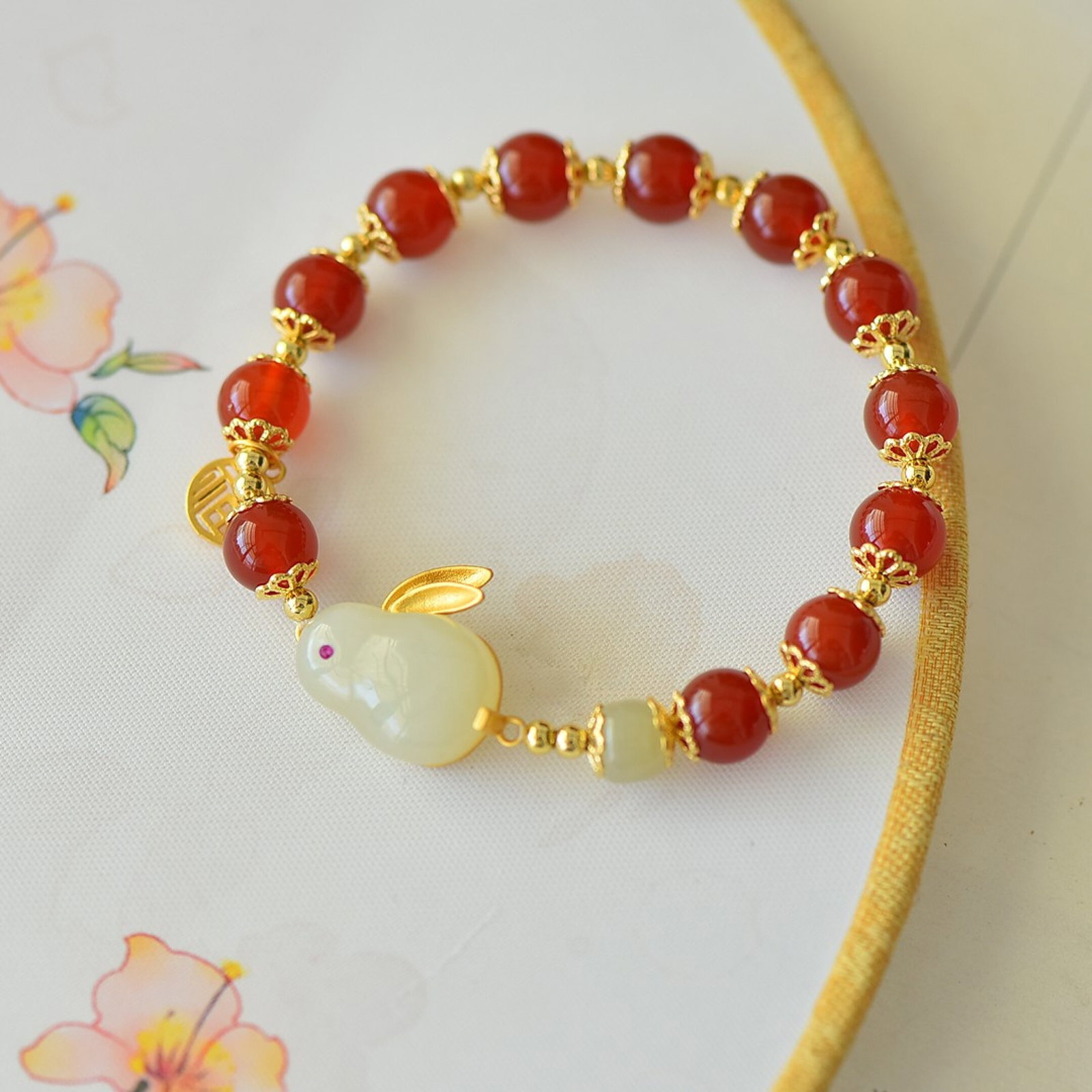 An Exquisite Sterling Silver-Gold Plated Inlaid Agate Bracelet,Inlaid White Jade - 2