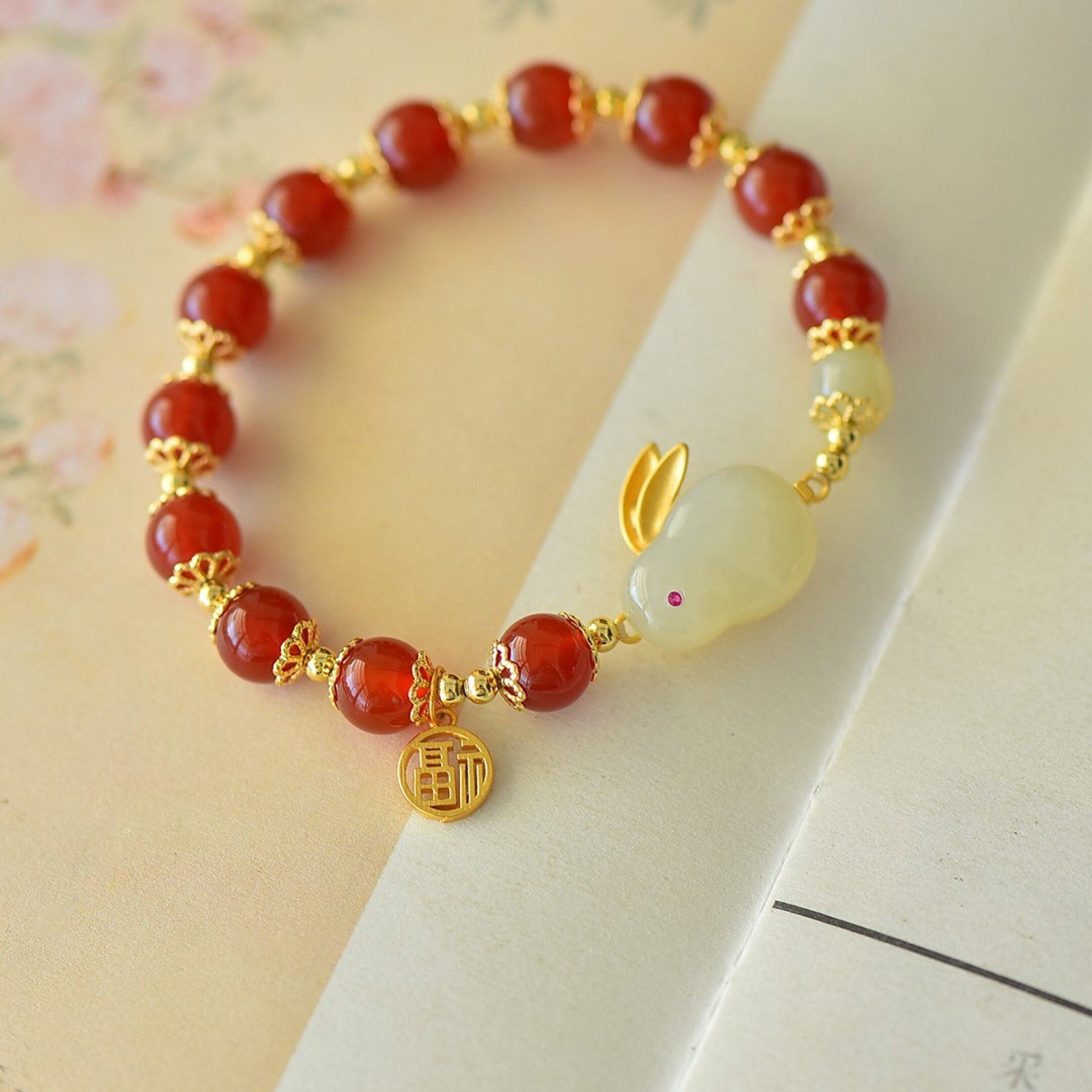 An Exquisite Sterling Silver-Gold Plated Inlaid Agate Bracelet,Inlaid White Jade - 3