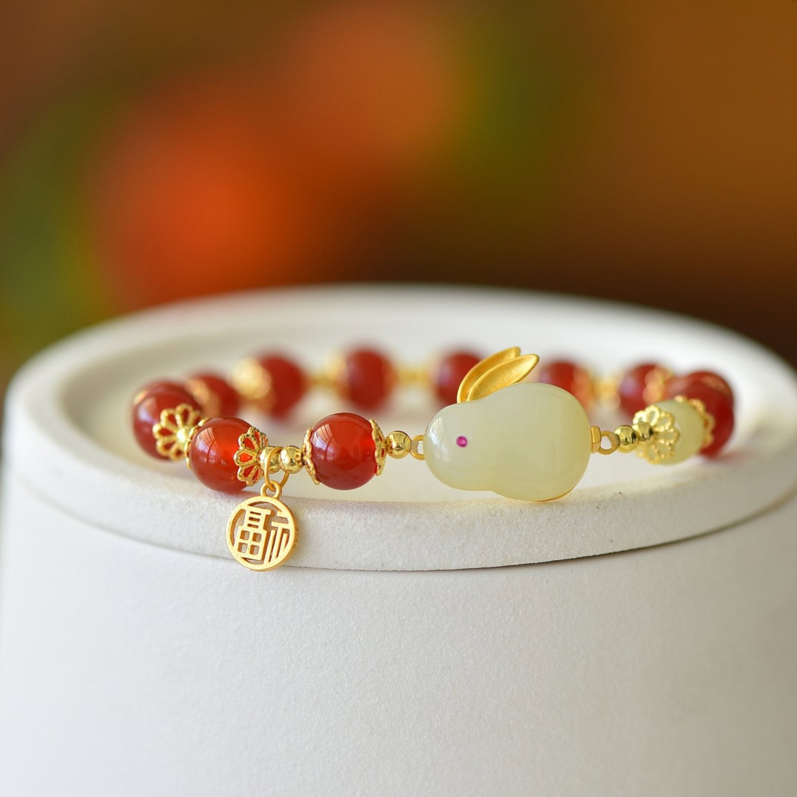 An Exquisite Sterling Silver-Gold Plated Inlaid Agate Bracelet,Inlaid White Jade - 4