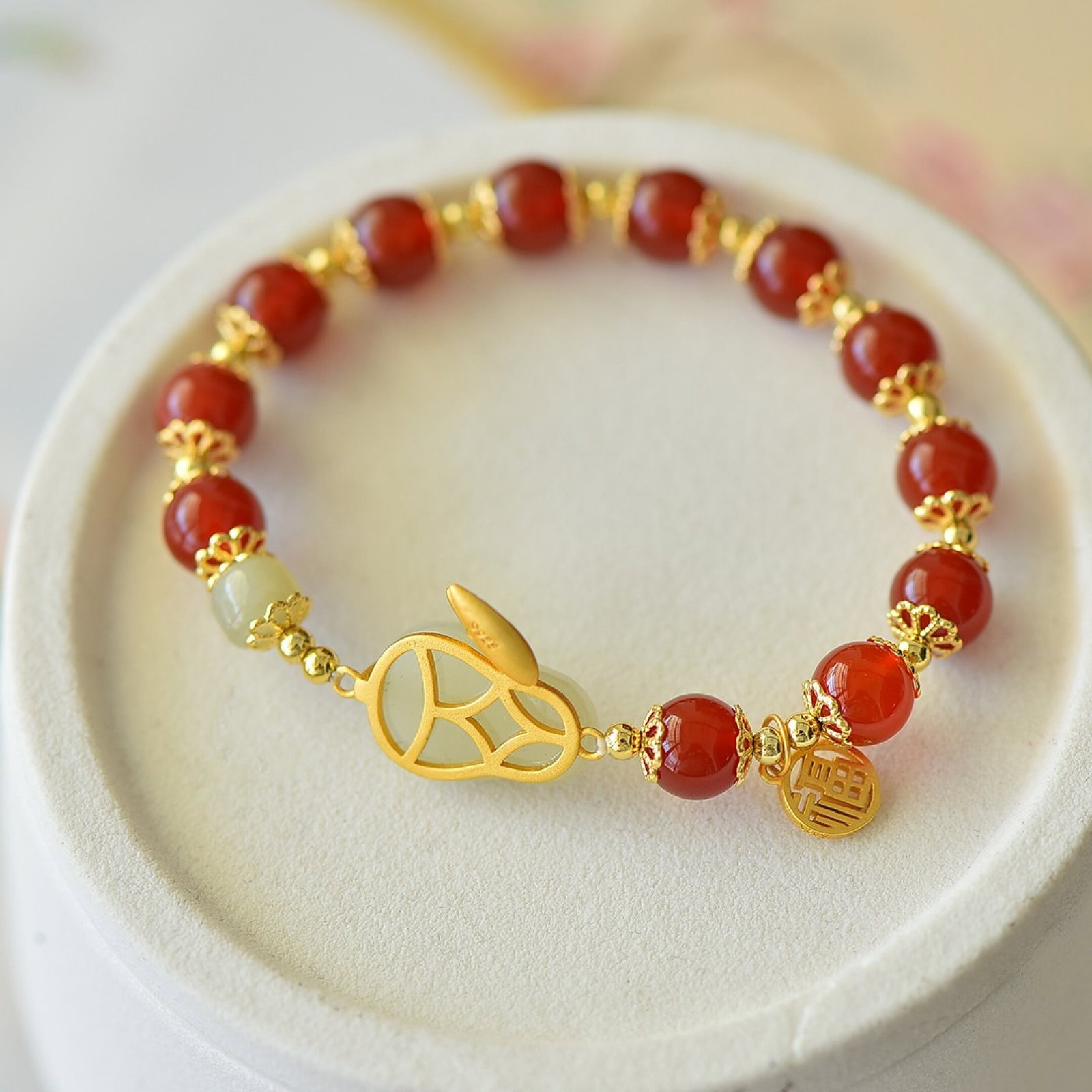 An Exquisite Sterling Silver-Gold Plated Inlaid Agate Bracelet,Inlaid White Jade - 5