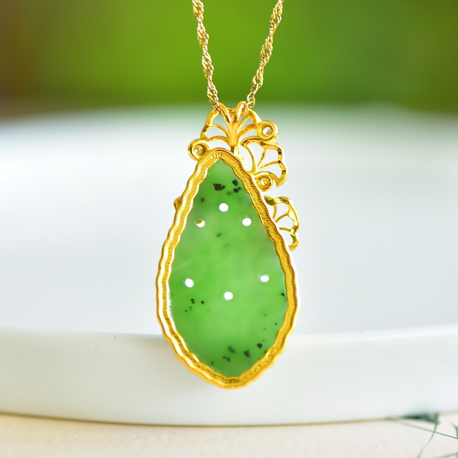 An Exquisite Sterling Silver-Gold Plated Inlaid Jasper Pendant,Inlaid Diamond - 5
