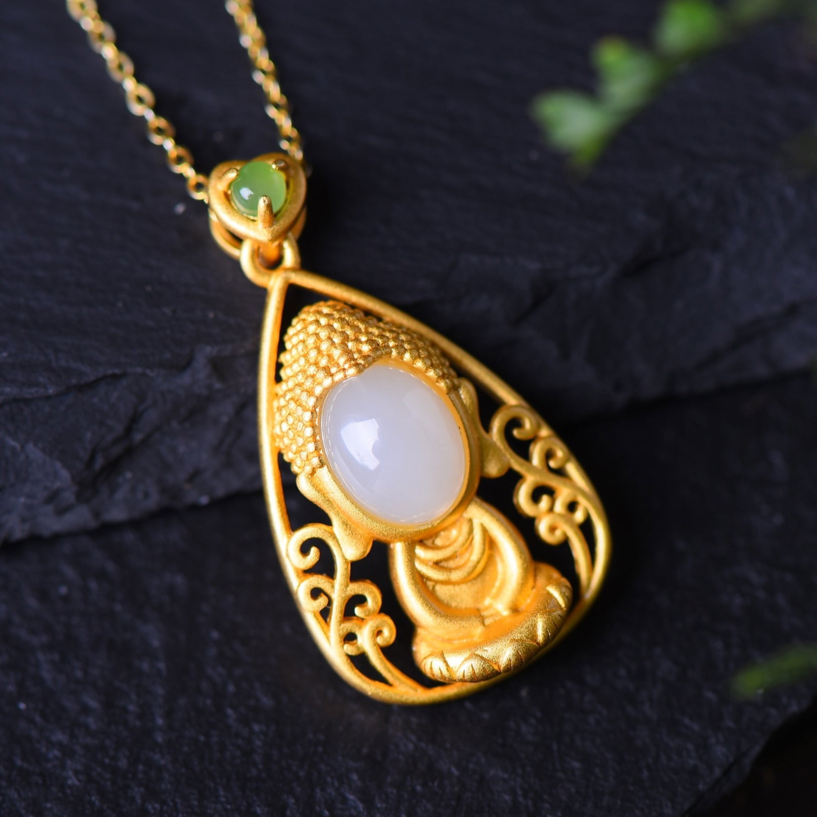 An Exquisite Sterling Silver-Gold Plated Inlaid White Jade Pendant - 4