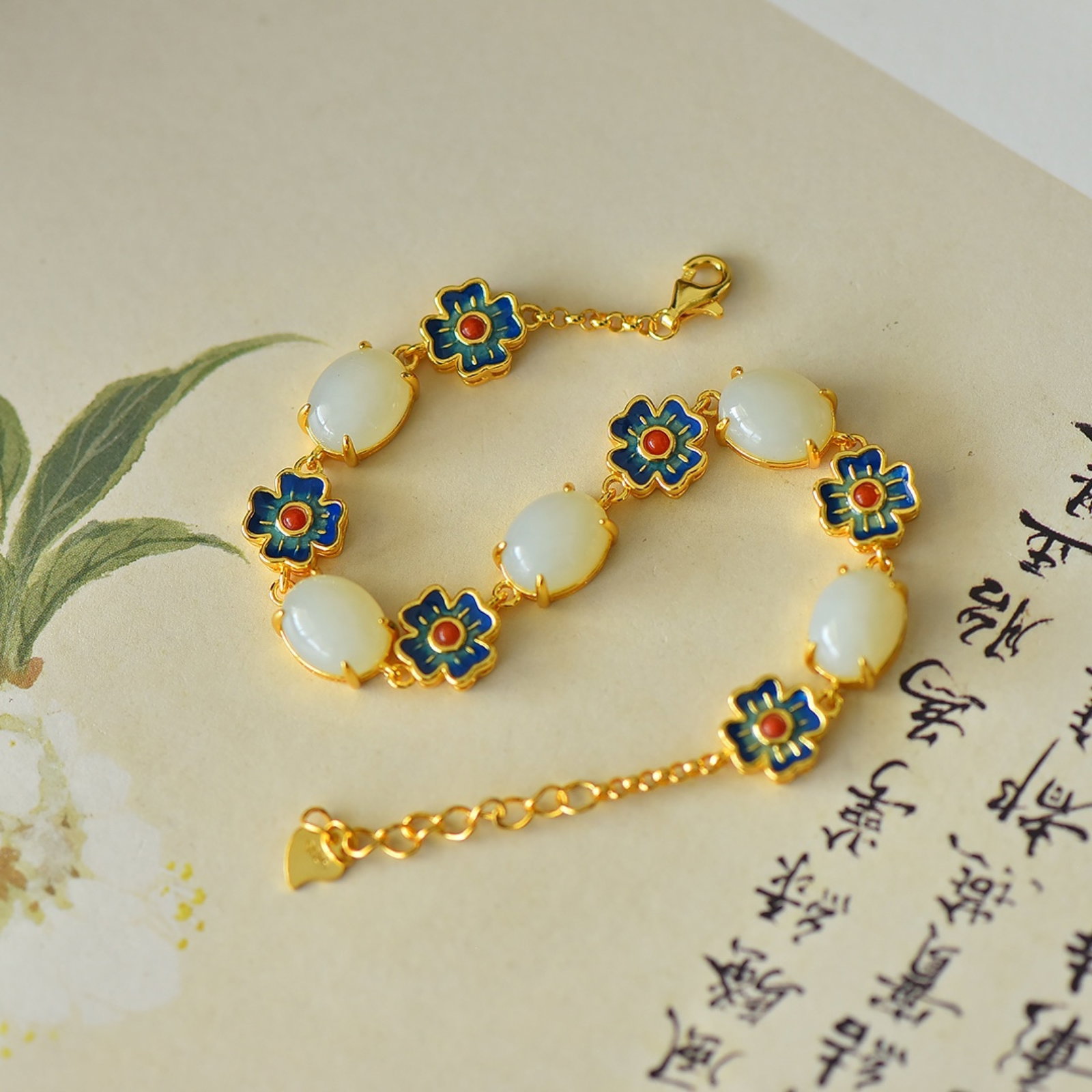 An Exquisite Sterling Silver-Gold Plated Inlaid White Jade Enamel Bracelets - 2