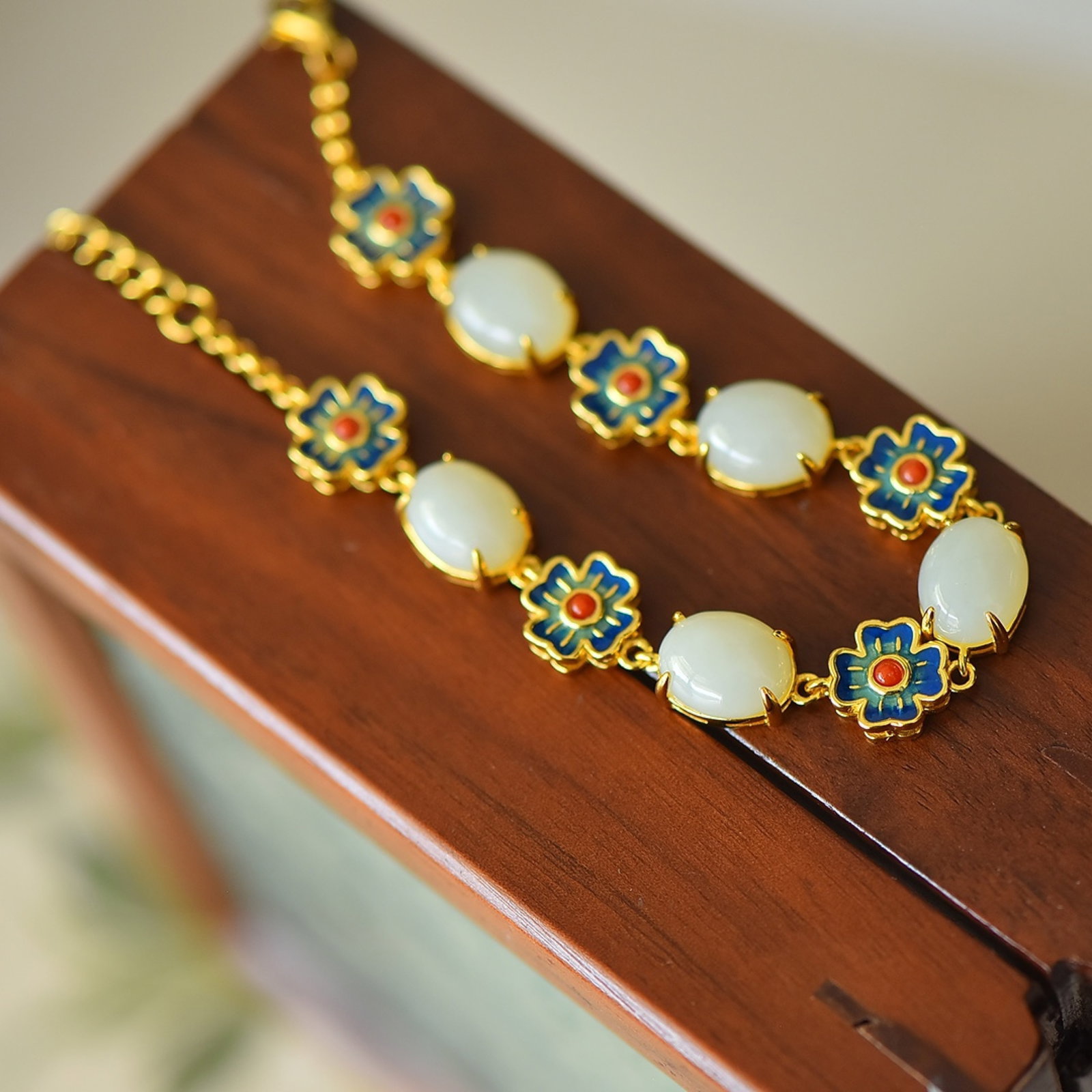 An Exquisite Sterling Silver-Gold Plated Inlaid White Jade Enamel Bracelets - 3