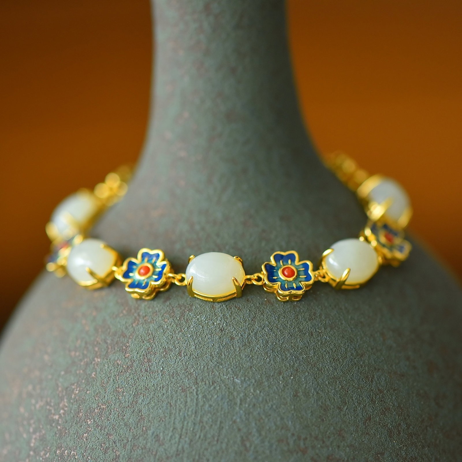 An Exquisite Sterling Silver-Gold Plated Inlaid White Jade Enamel Bracelets - 4