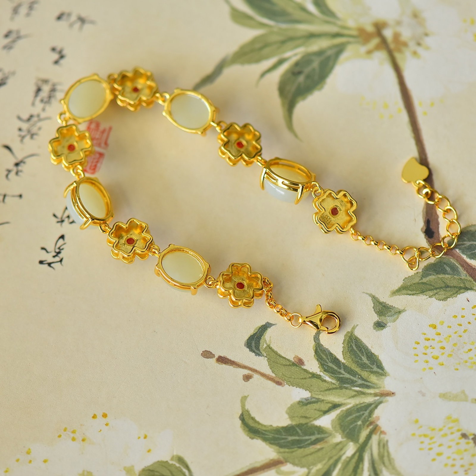 An Exquisite Sterling Silver-Gold Plated Inlaid White Jade Enamel Bracelets - 5