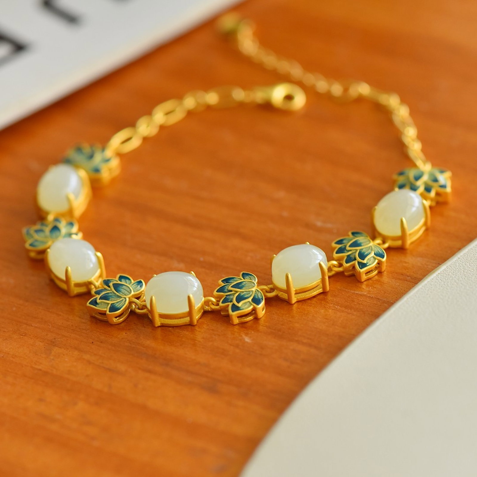 An Exquisite Sterling Silver-Gold Plated Inlaid White Jade Enamel Bracelet - 2