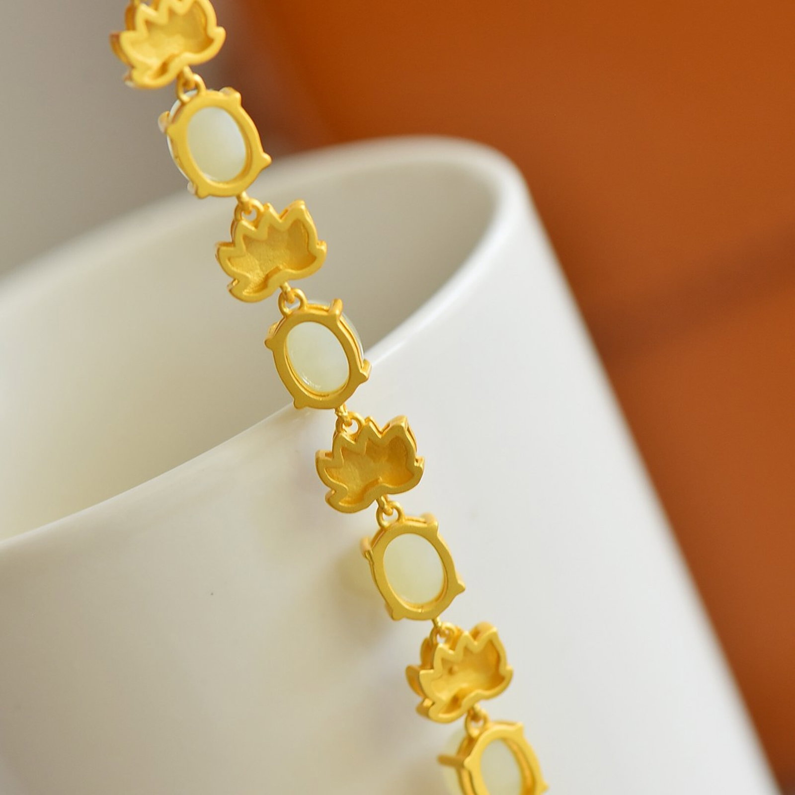 An Exquisite Sterling Silver-Gold Plated Inlaid White Jade Enamel Bracelet - 4