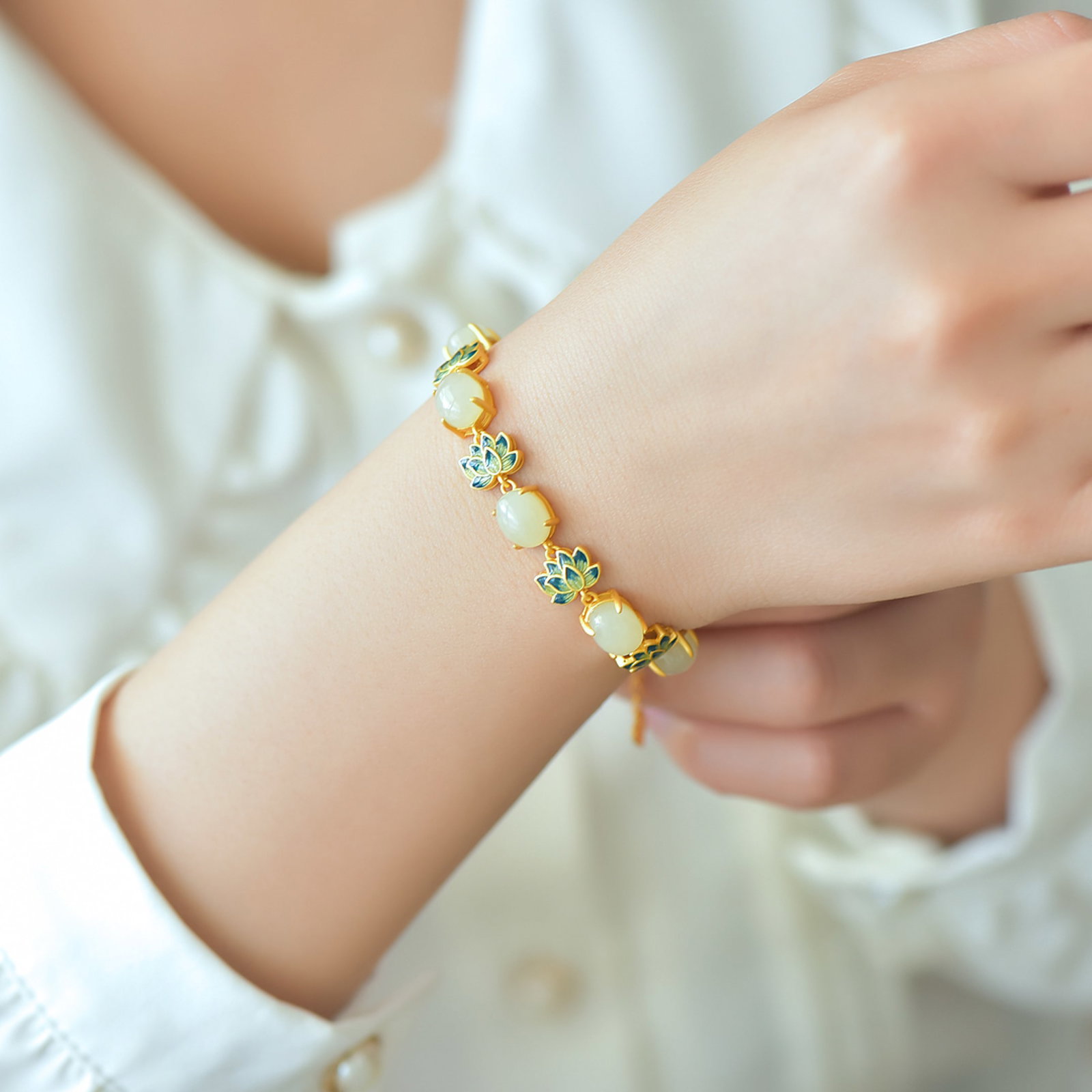 An Exquisite Sterling Silver-Gold Plated Inlaid White Jade Enamel Bracelet - 6