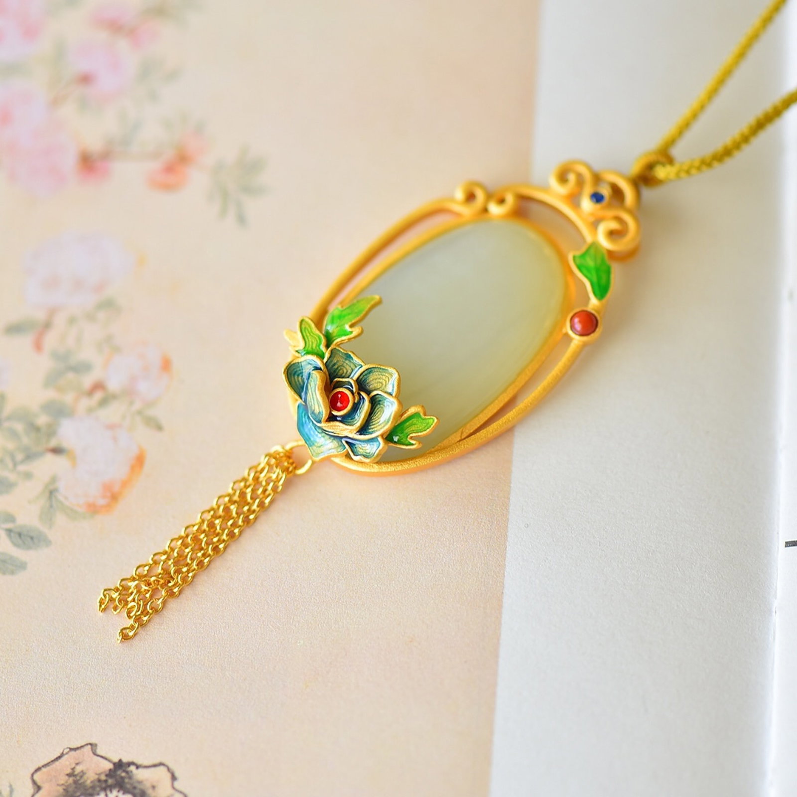 An Exquisite Sterling Silver-Gold Plated Inlaid White Jade Enamel Pendant - 2