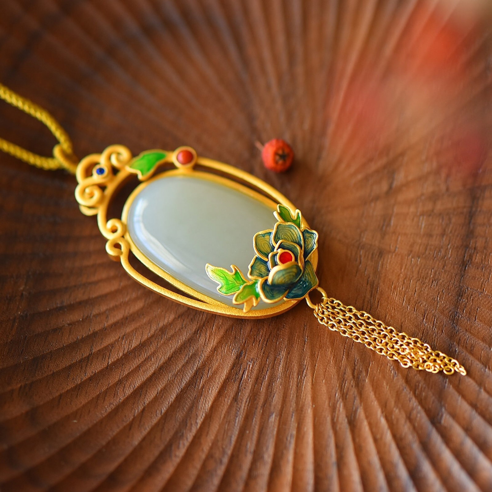 An Exquisite Sterling Silver-Gold Plated Inlaid White Jade Enamel Pendant - 3