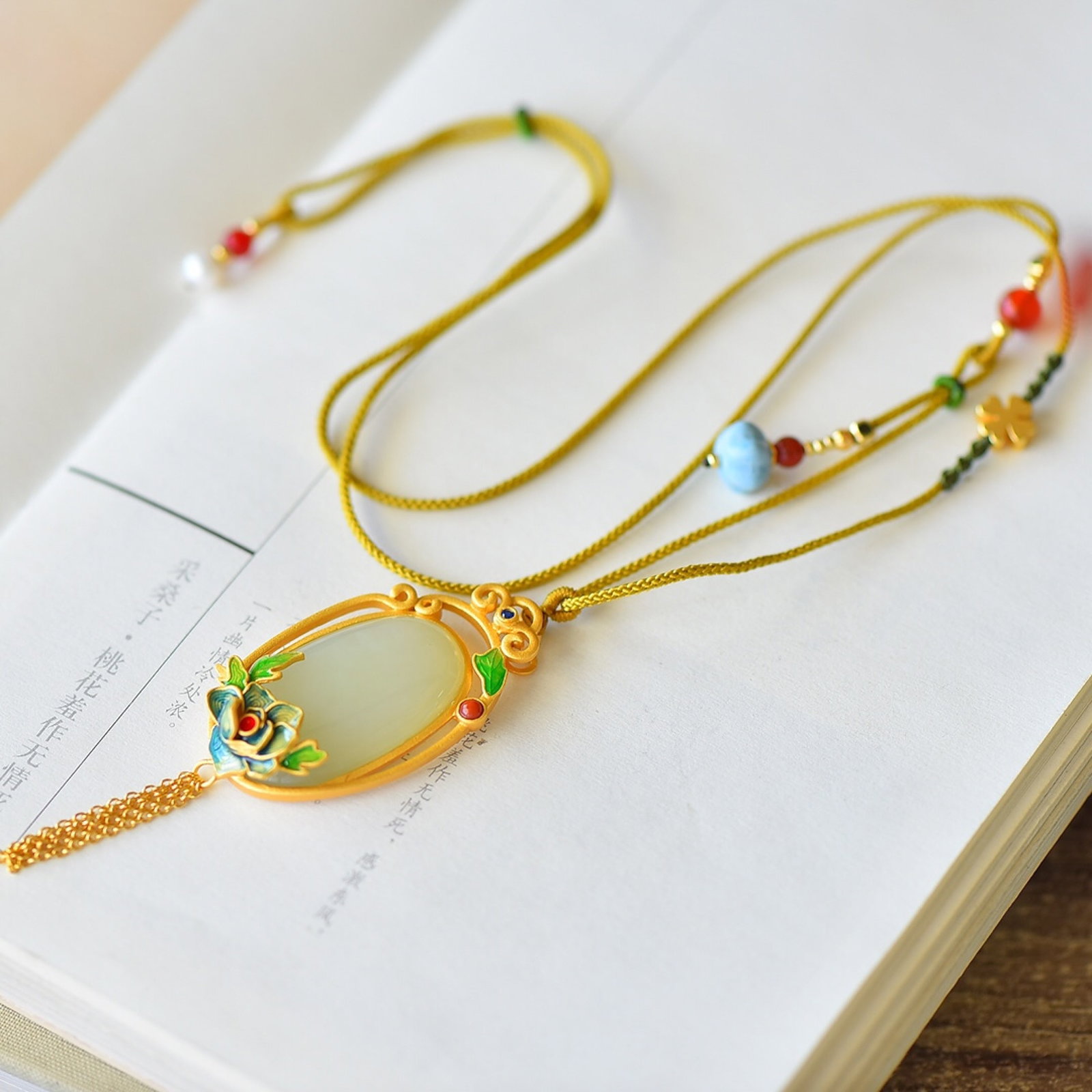 An Exquisite Sterling Silver-Gold Plated Inlaid White Jade Enamel Pendant - 4
