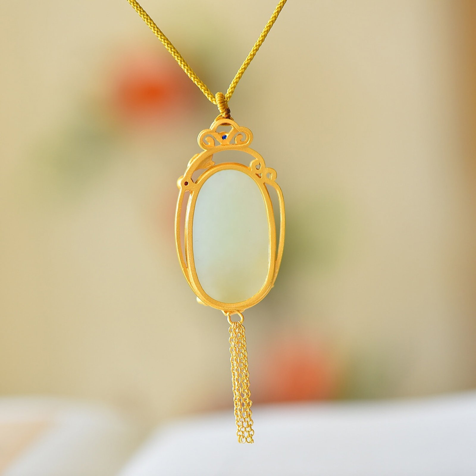 An Exquisite Sterling Silver-Gold Plated Inlaid White Jade Enamel Pendant - 5
