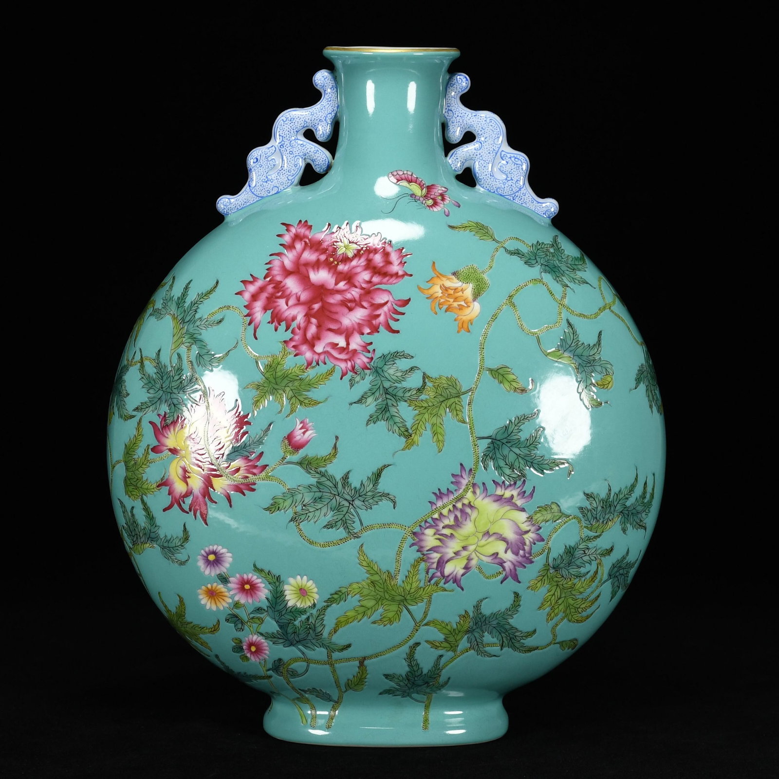 A Rare Guan yao Turquoise Glazed Enamel Painted Gold Flower Pattern Dragon-Ears Vase,With Poem: Estimated Value:3600-7500 A Rare Guan yao Turquoise Glazed Enamel Painted Gold Flower Pattern Dragon-Ears Vase,With Poem,Qing Dynasty,China,Yongzheng Six-character Mark,Size:12.6inx10.2inx4.7in न