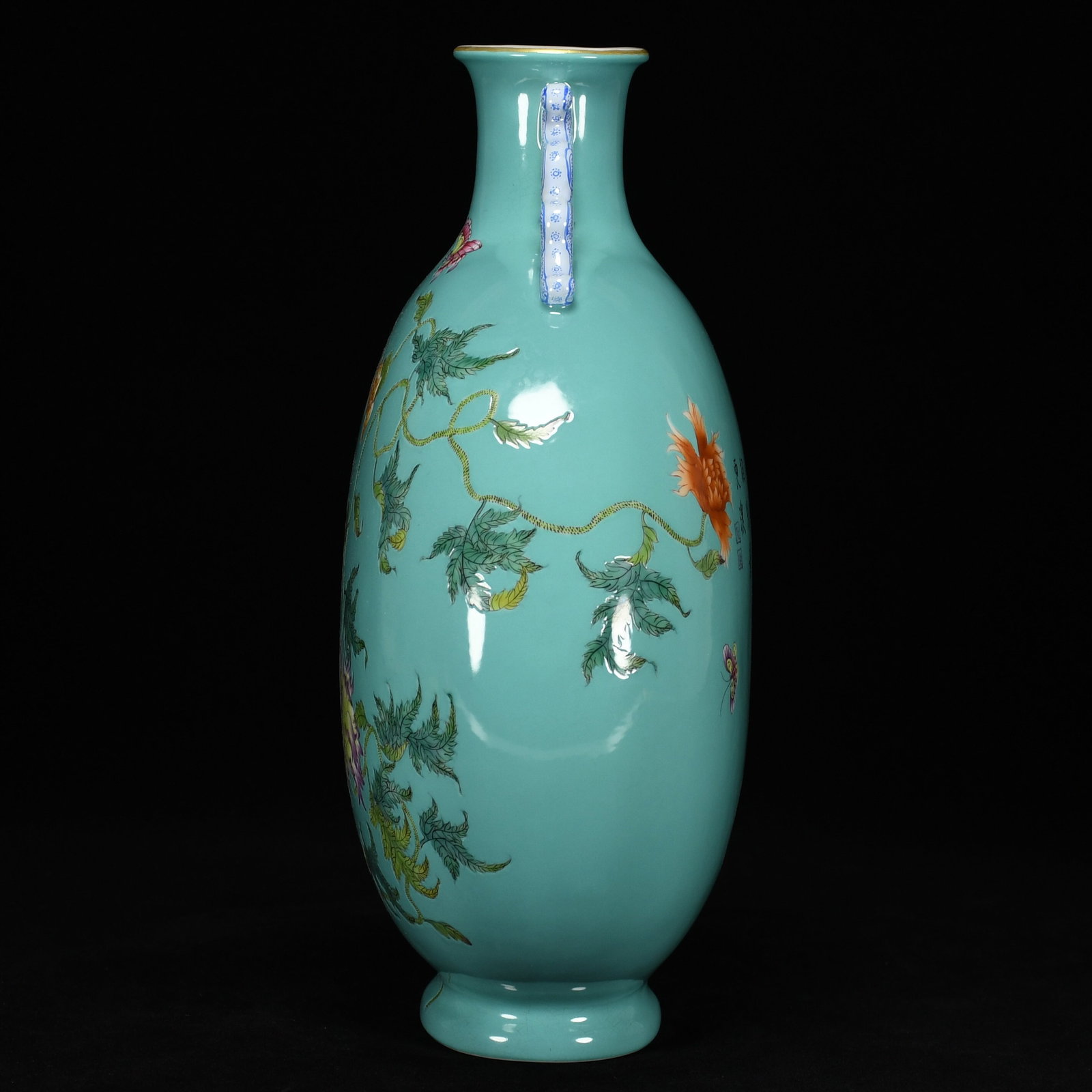 A Rare Guan yao Turquoise Glazed Enamel Painted Gold Flower Pattern Dragon-Ears Vase,With Poem - 2
