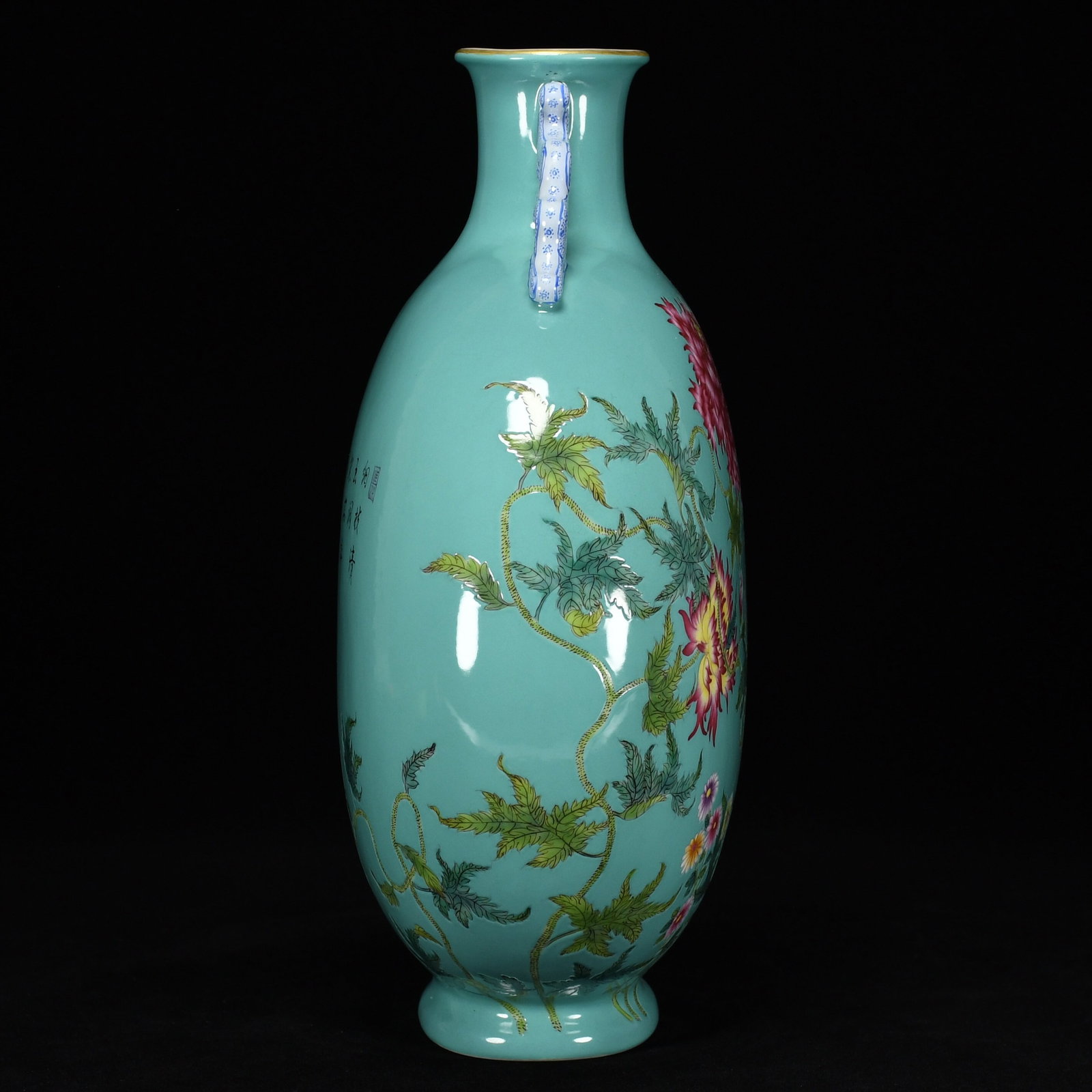 A Rare Guan yao Turquoise Glazed Enamel Painted Gold Flower Pattern Dragon-Ears Vase,With Poem - 4