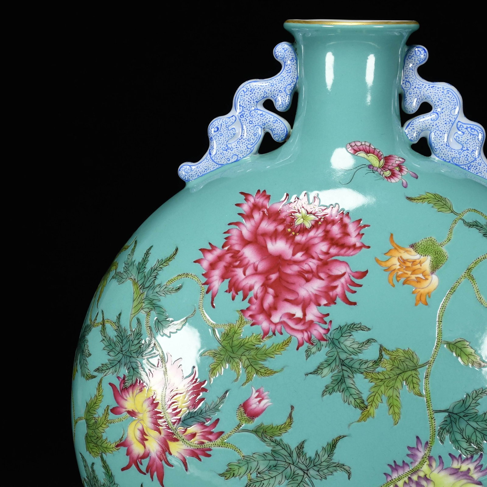 A Rare Guan yao Turquoise Glazed Enamel Painted Gold Flower Pattern Dragon-Ears Vase,With Poem - 5