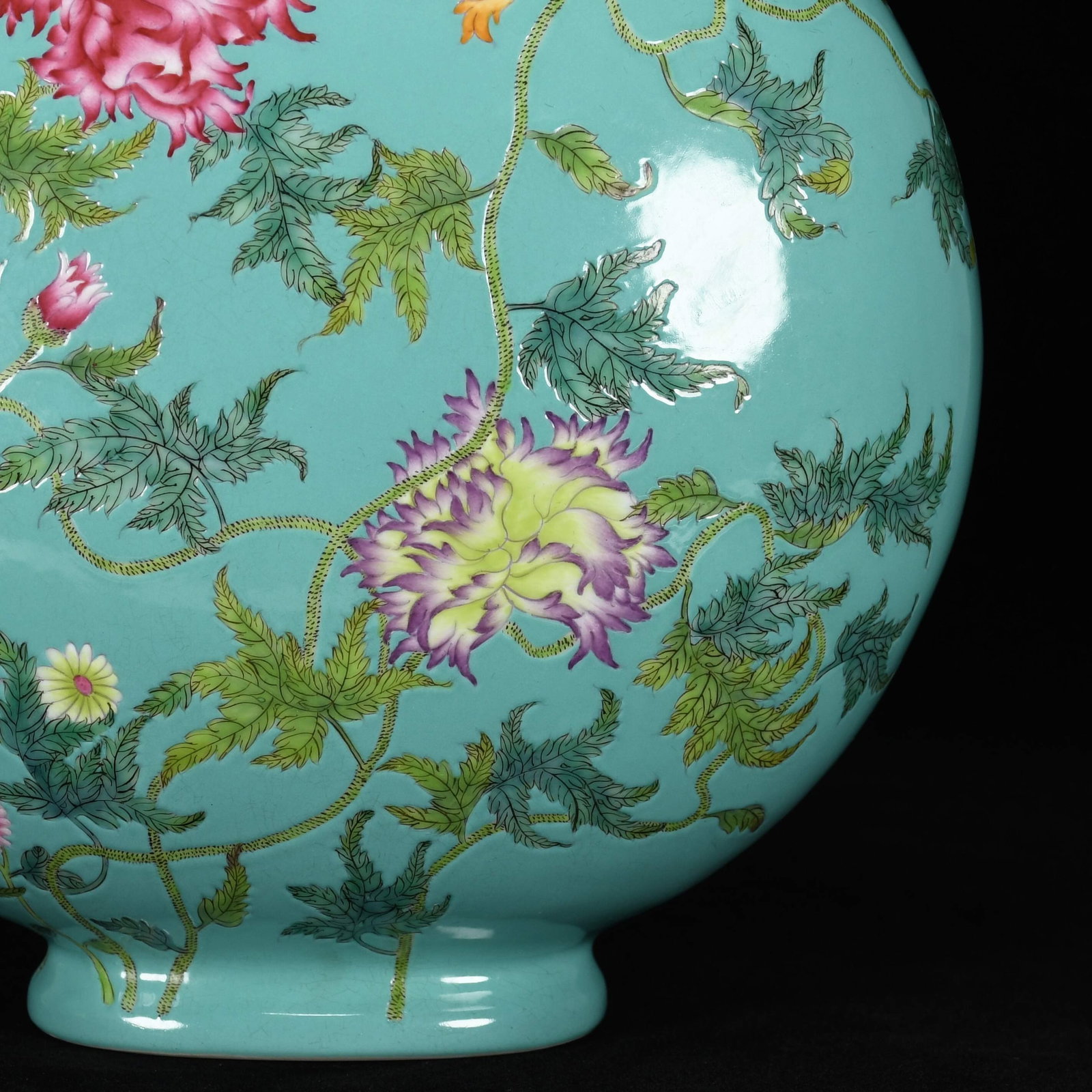A Rare Guan yao Turquoise Glazed Enamel Painted Gold Flower Pattern Dragon-Ears Vase,With Poem - 6