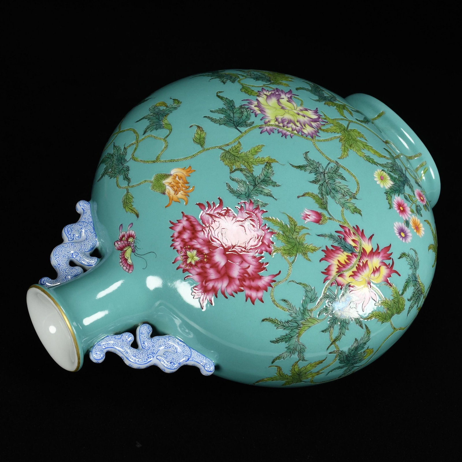 A Rare Guan yao Turquoise Glazed Enamel Painted Gold Flower Pattern Dragon-Ears Vase,With Poem - 7