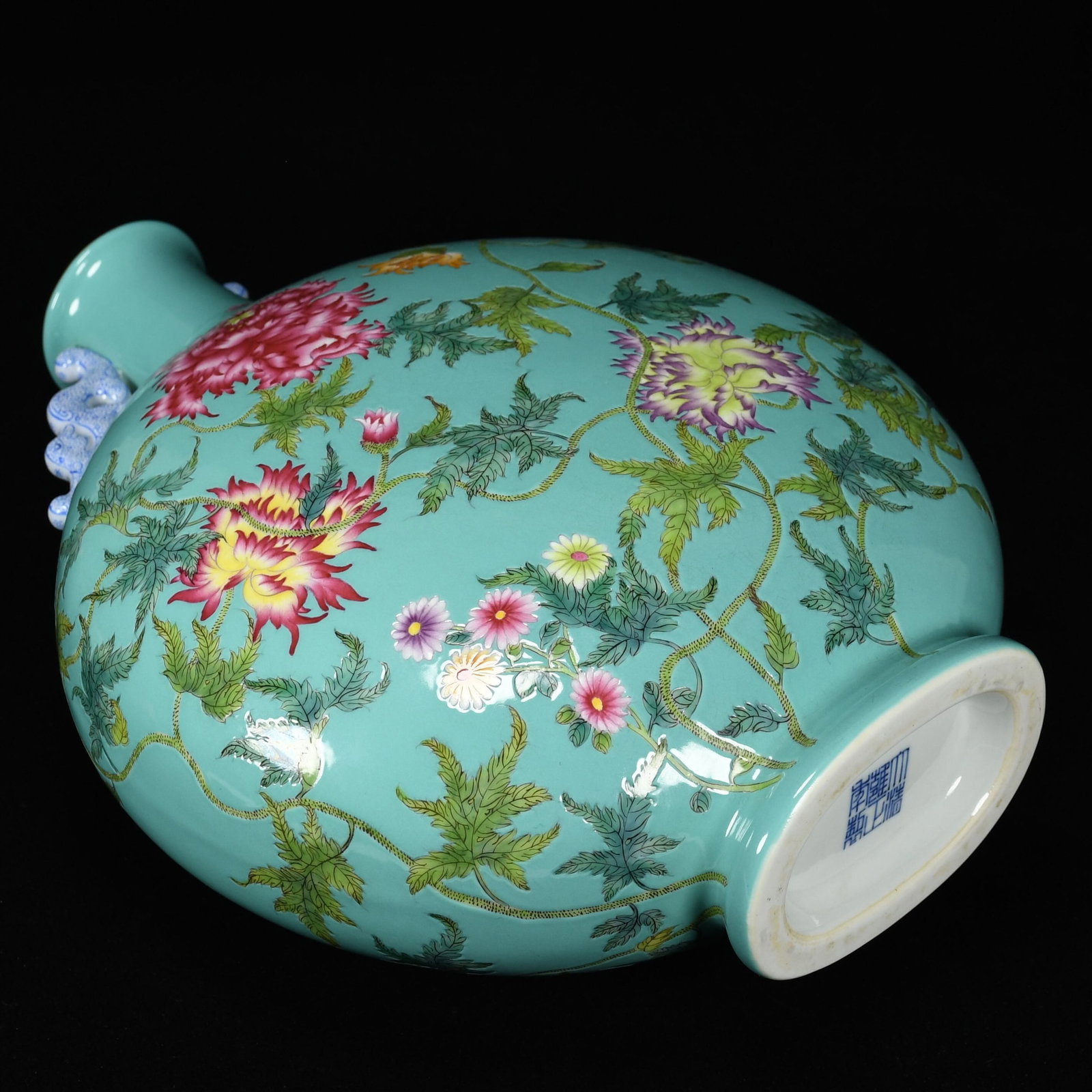 A Rare Guan yao Turquoise Glazed Enamel Painted Gold Flower Pattern Dragon-Ears Vase,With Poem - 8