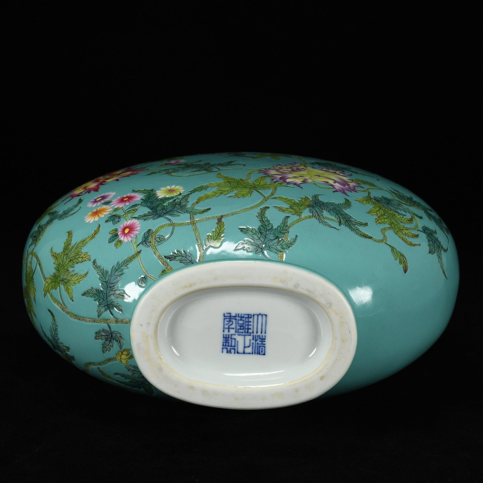 A Rare Guan yao Turquoise Glazed Enamel Painted Gold Flower Pattern Dragon-Ears Vase,With Poem - 9