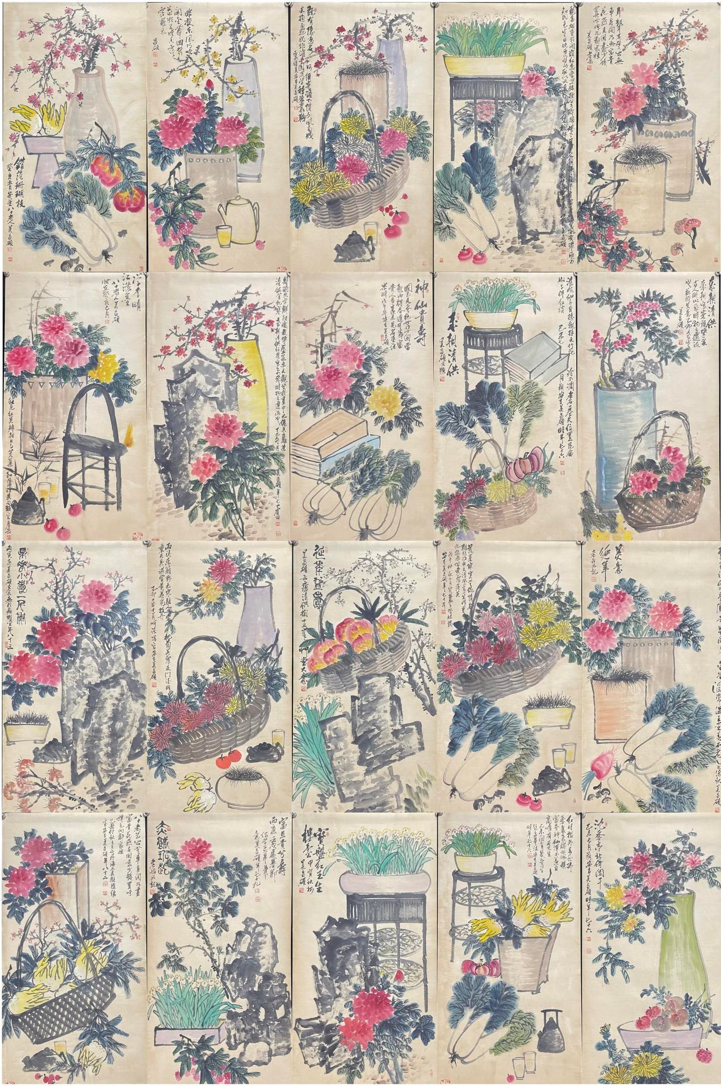 A Set of Chinese Ink Painting of Flower and Fruit on Paper,Wu Changshuo: Estimated Value:12000-24000 A Set of Chinese Ink Painting of Flower and Fruit on Paper,Wu Changshuo,Size:26.8inx53.9in*20