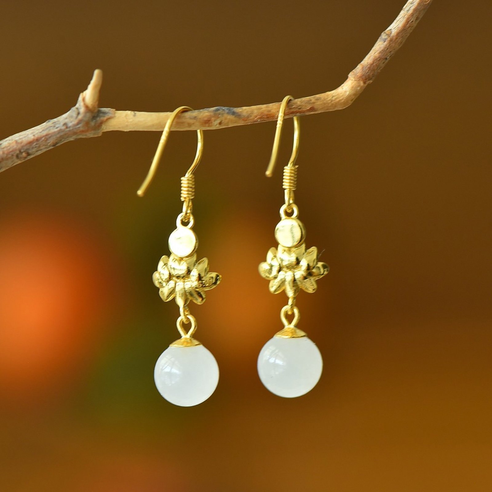 A Pair of Exquisite Sterling Silver-Gold Plated Inlaid White Jade Earrings - 5
