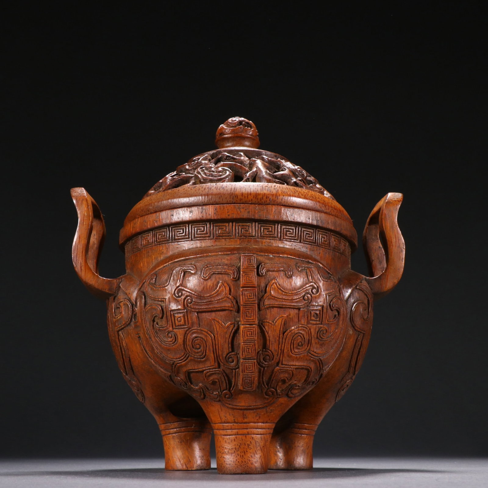An Exquisite Bamboo Beast-Face Pattern Double-Ears and Tripod Censer: Estimated Value:6000-12000 An Exquisite Bamboo Beast-Face Pattern Double-Ears and Tripod Censer,Qing Dynasty, China,With Mark,Size:7.7inx7.1in,Weight:357g